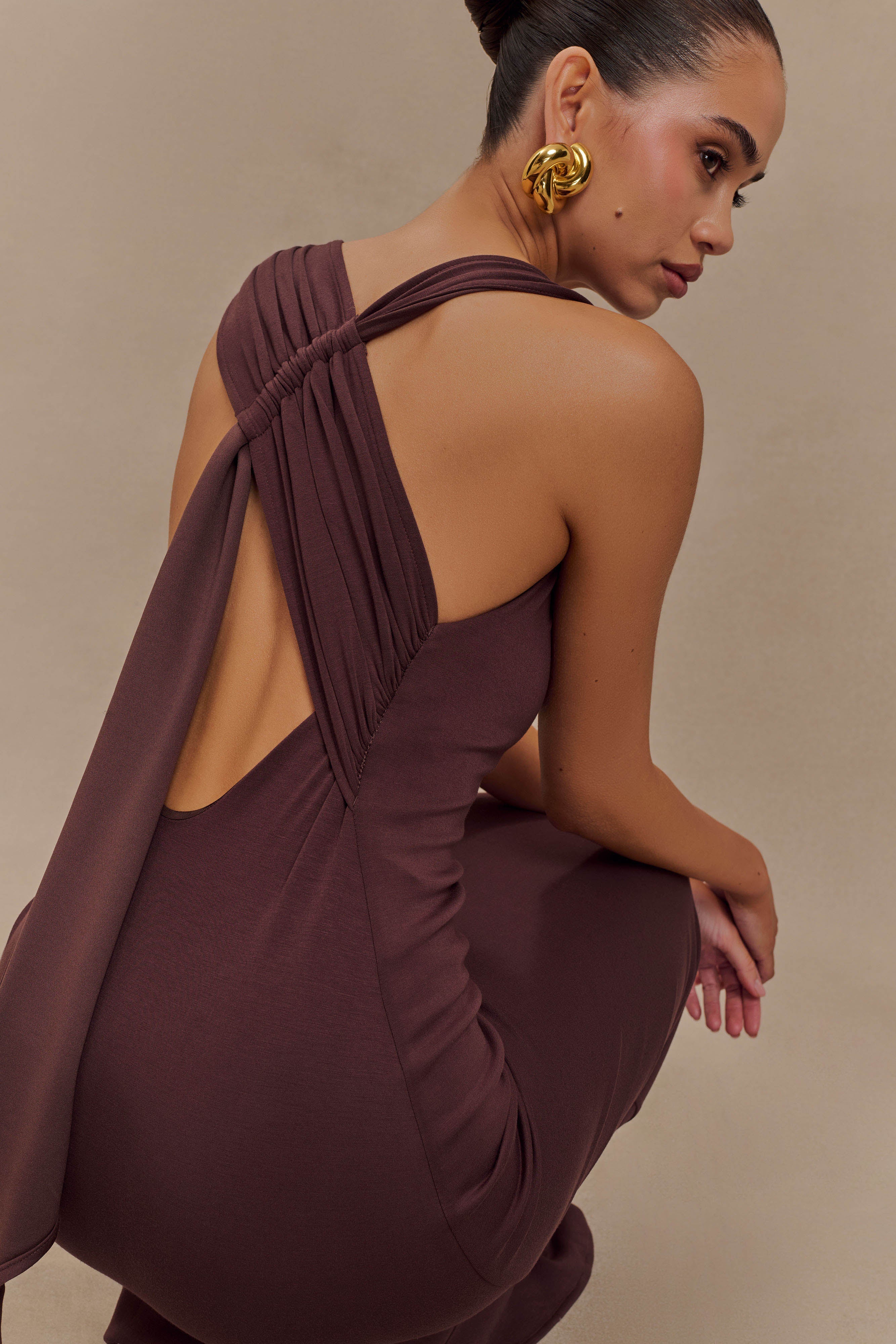 Catelyn Asymmetrical Scuba Jersey Midi Dress - Cacao Brown - Image 3