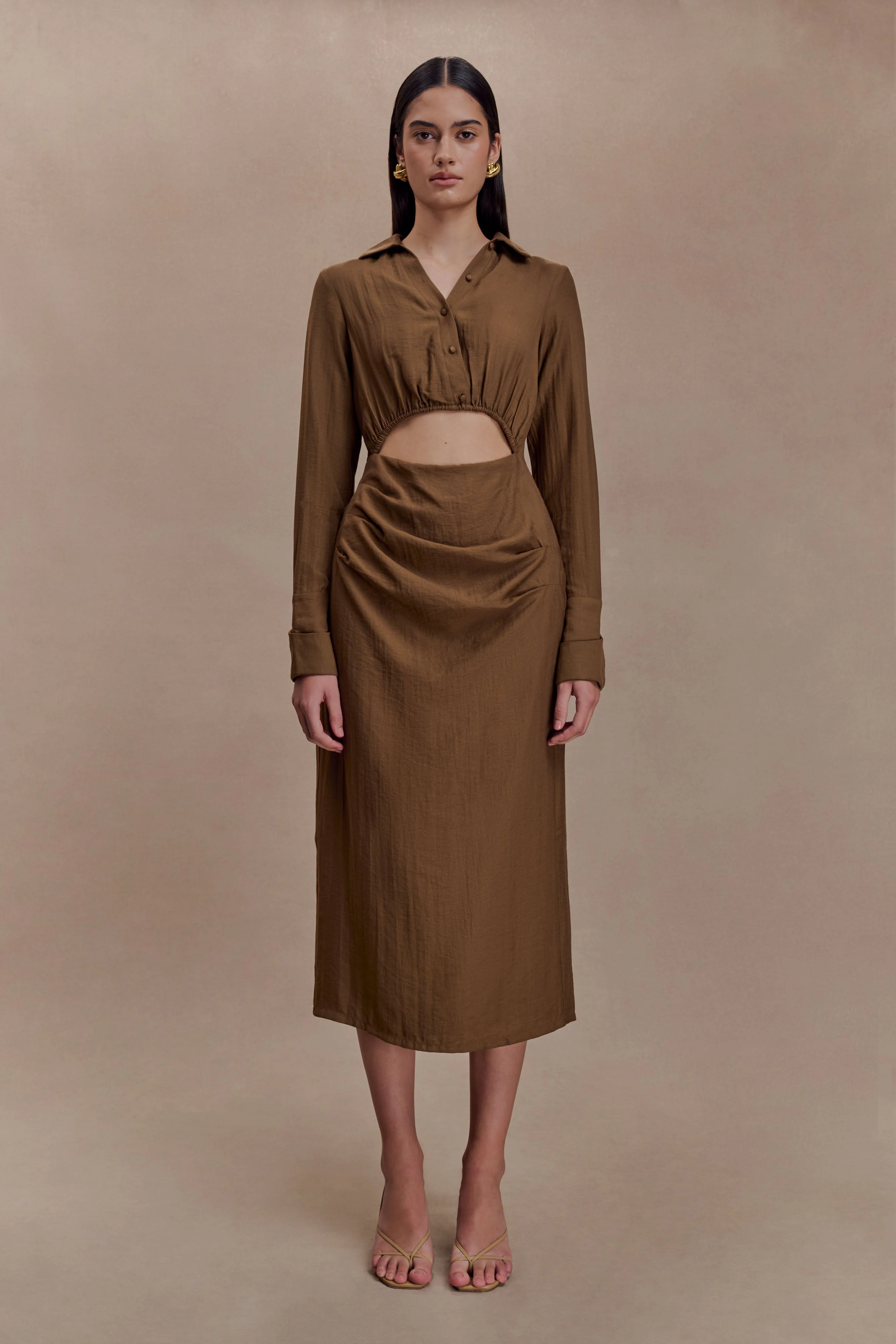Cecilie Cut Out Shirt Midi Dress - Dark Chocolate - Image 4