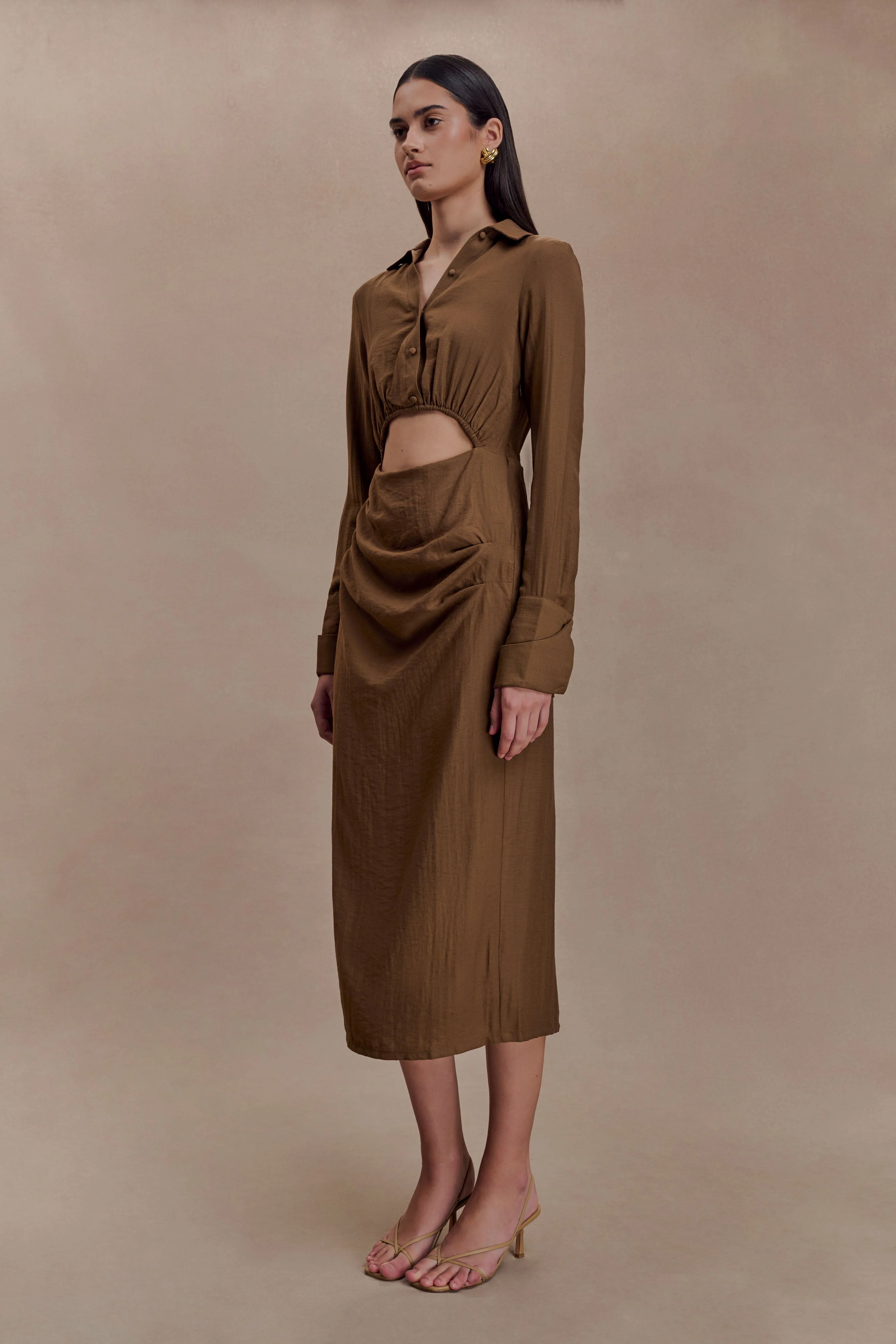 Cecilie Cut Out Shirt Midi Dress - Dark Chocolate - Image 5