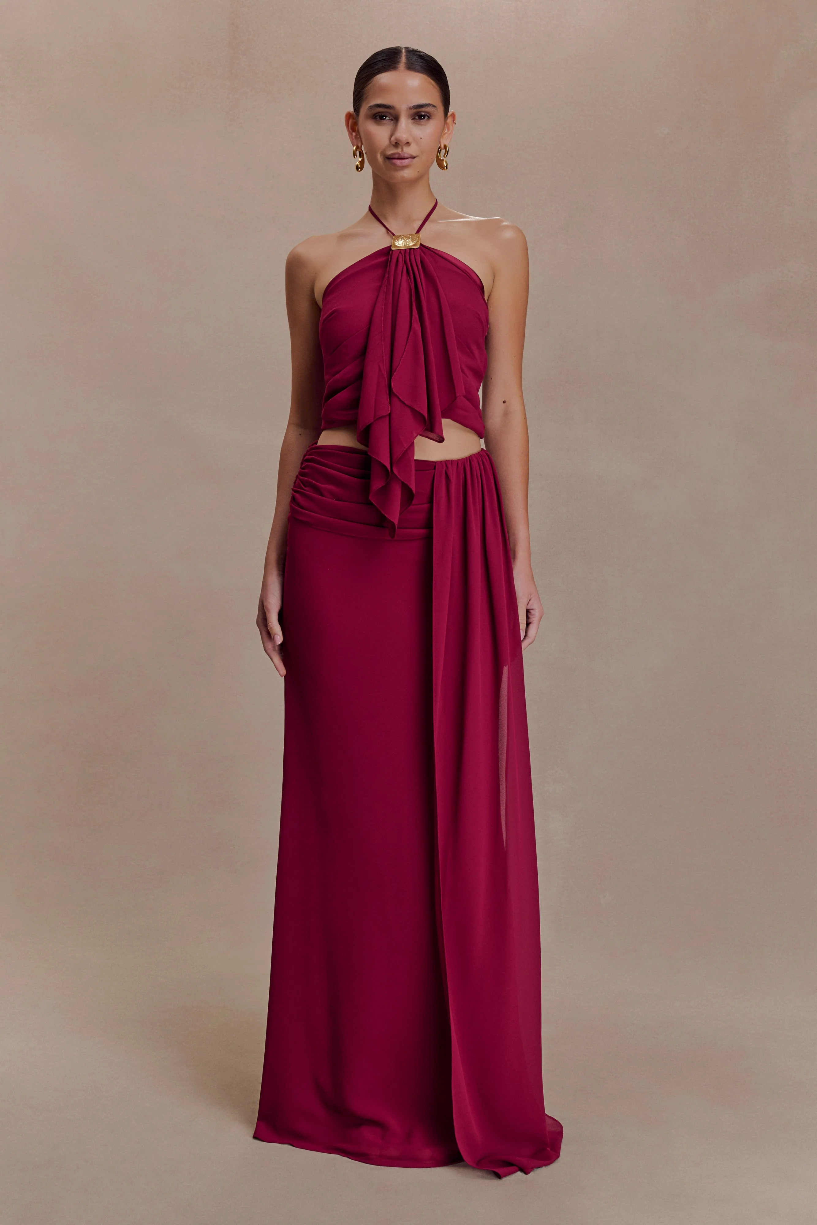 Celina Chiffon Halter Top With Hardware - Cherry Red - Image 6
