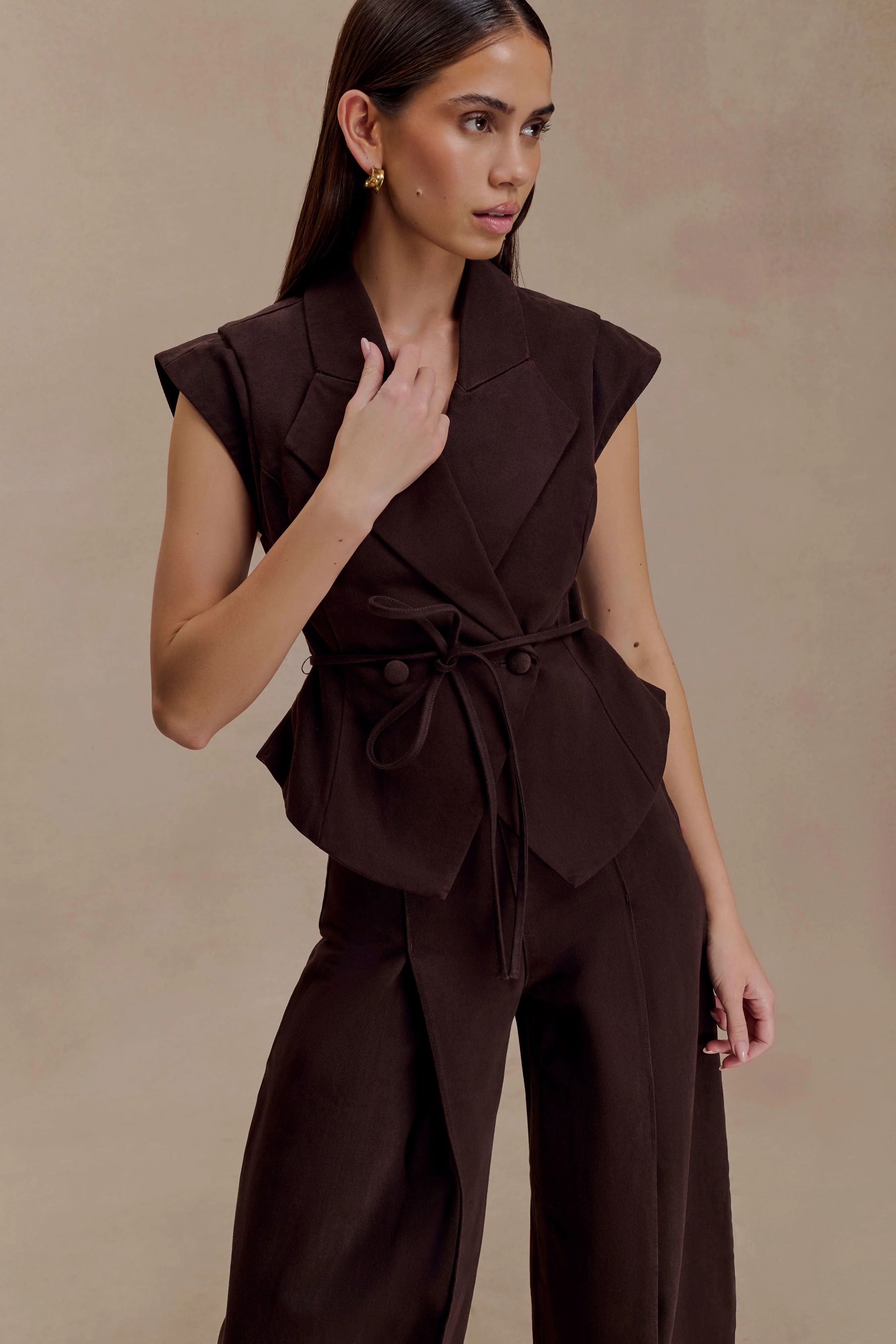 Charley Structured Tie Denim Top - Chocolate - Image 4