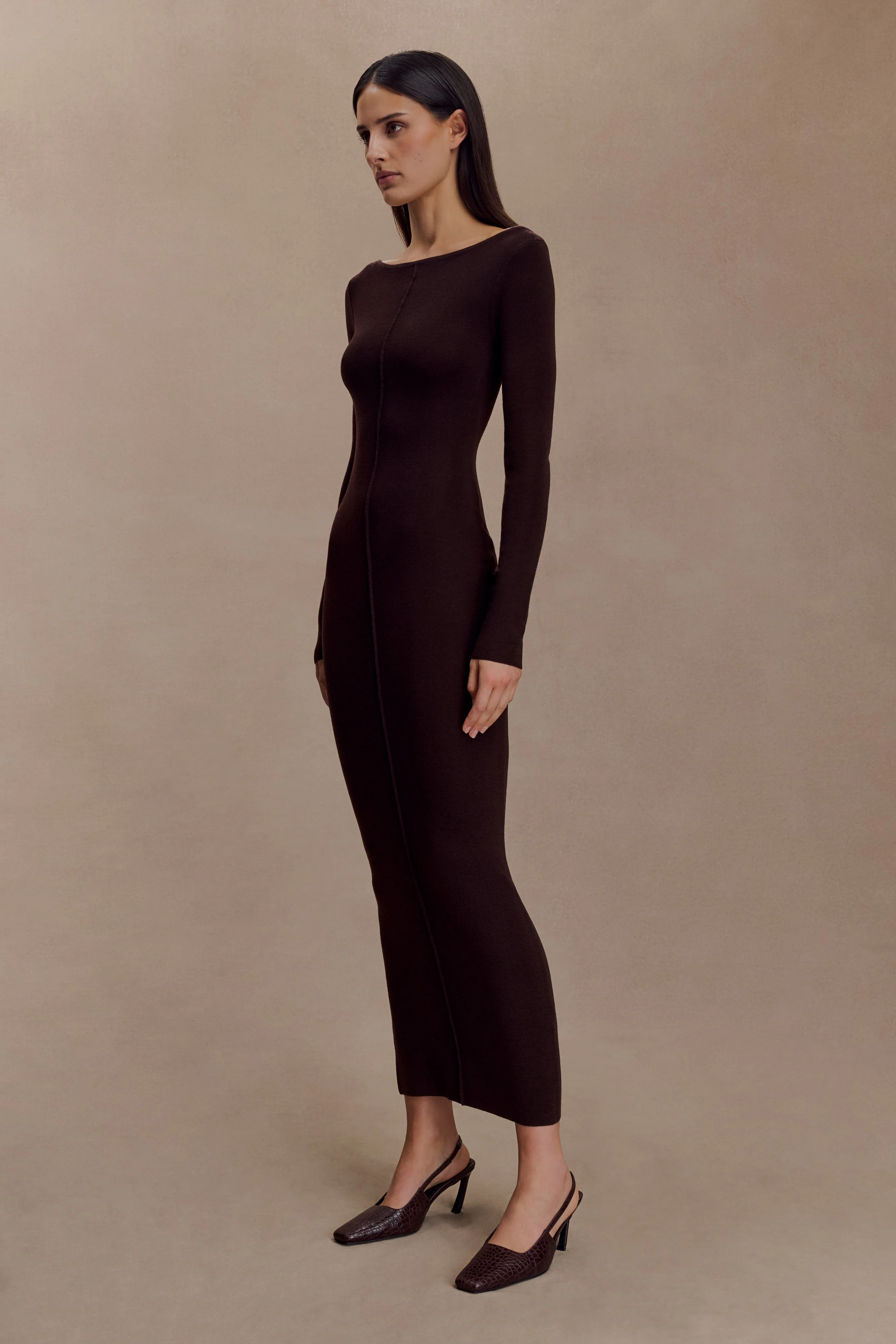 Cleona Merino Wool Ribbed Long Sleeve Maxi Dress - Deep Chocolate - Image 4