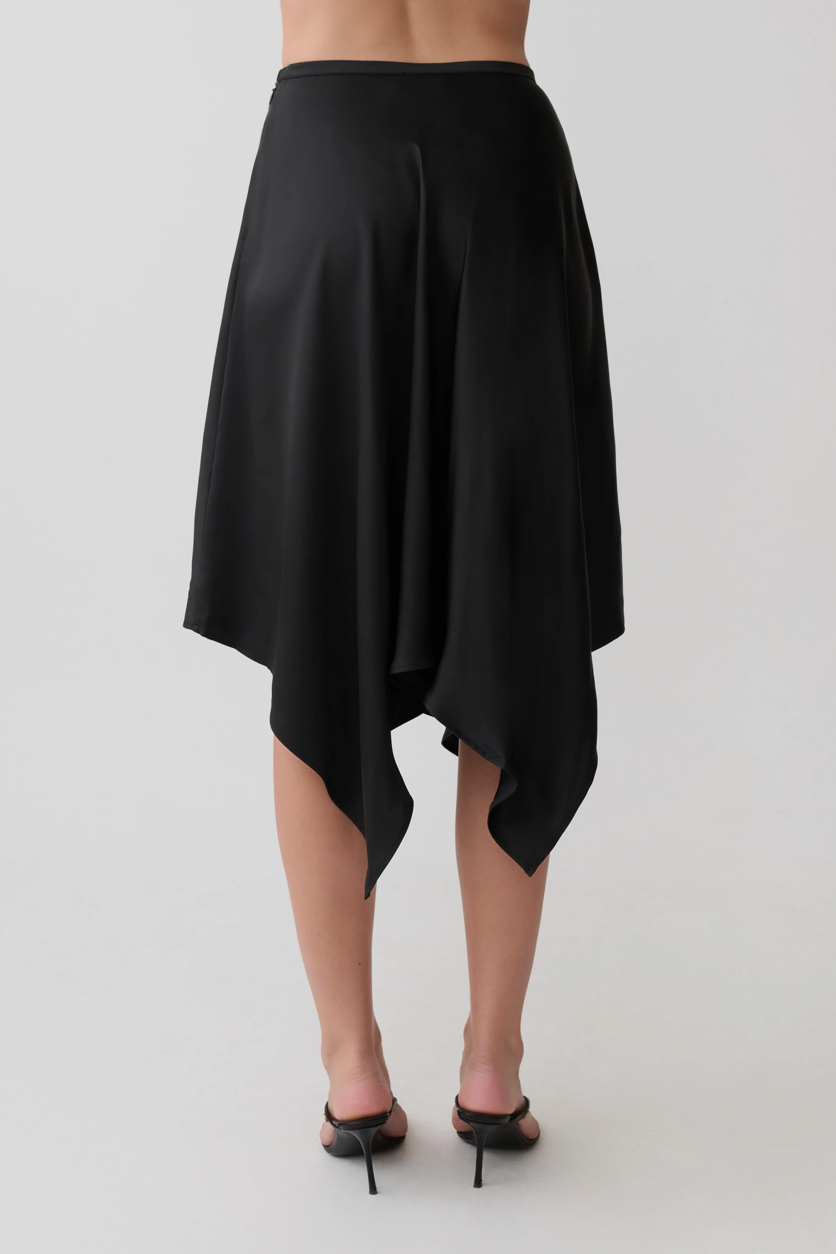 Coralie Asymmetric Satin Midi Skirt - Black - Image 11