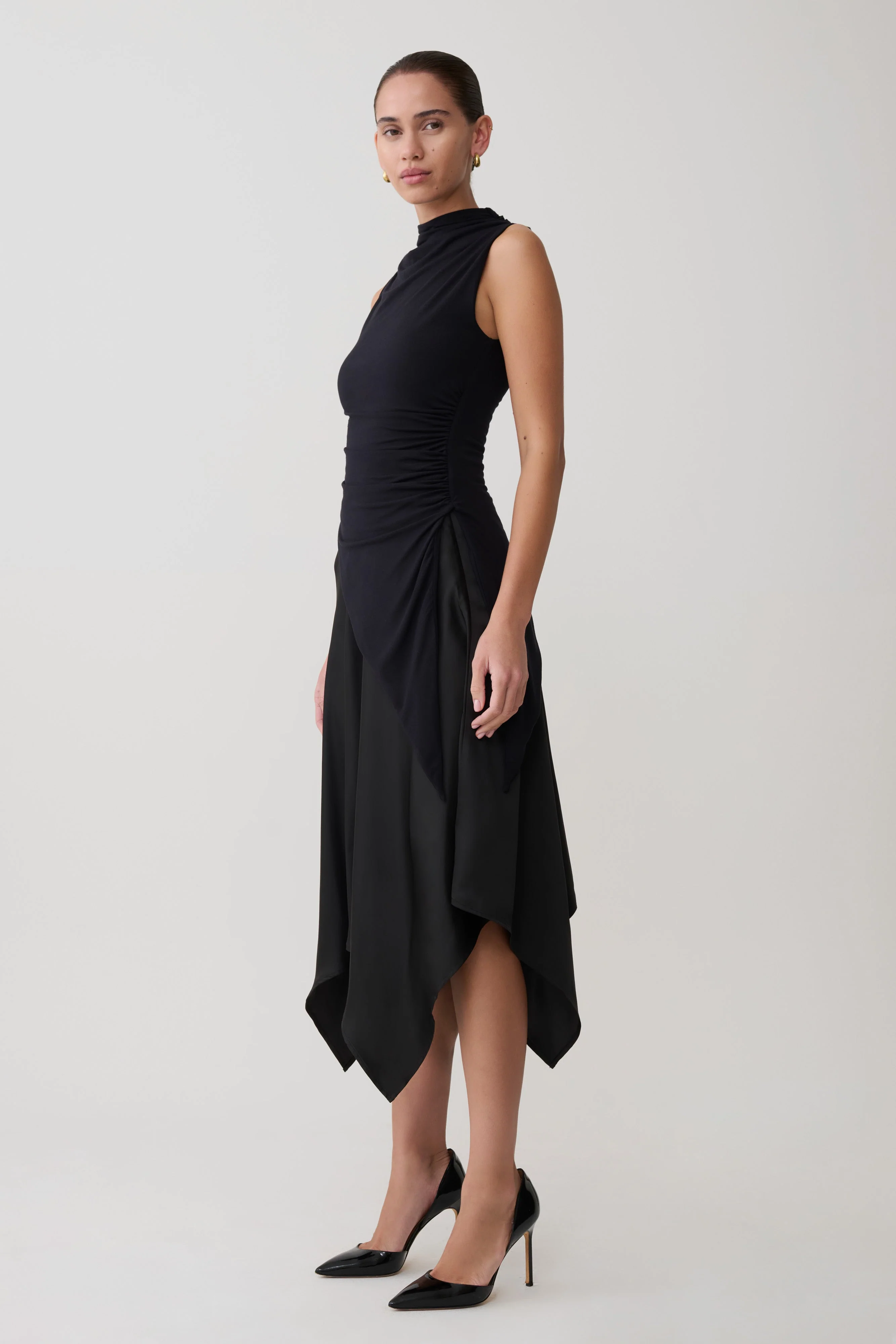 Coralie Asymmetric Satin Midi Skirt - Black - Image 3