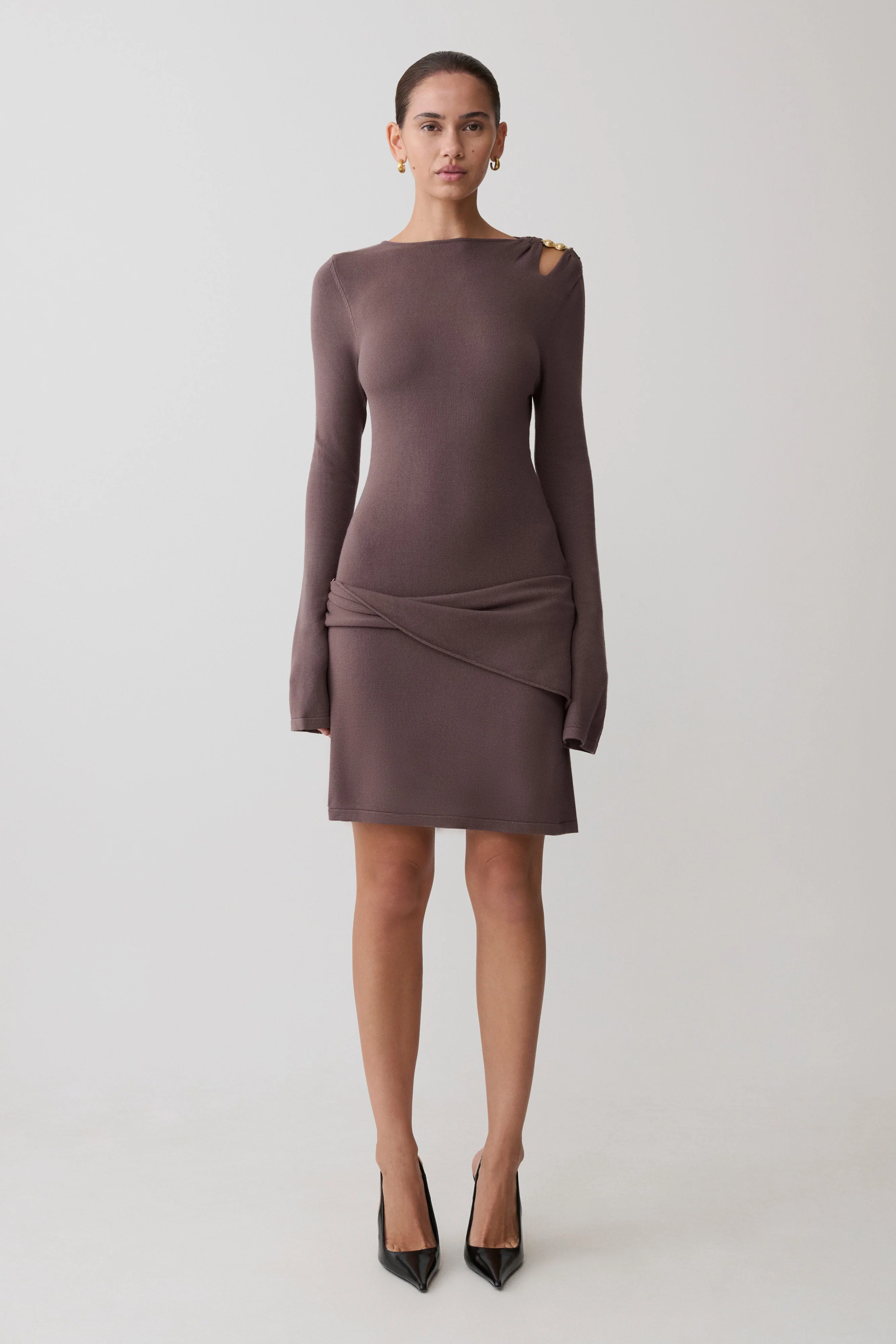 Cresida Knit Long Sleeve Mini Dress With Hardware - Peppercorn - Image 5