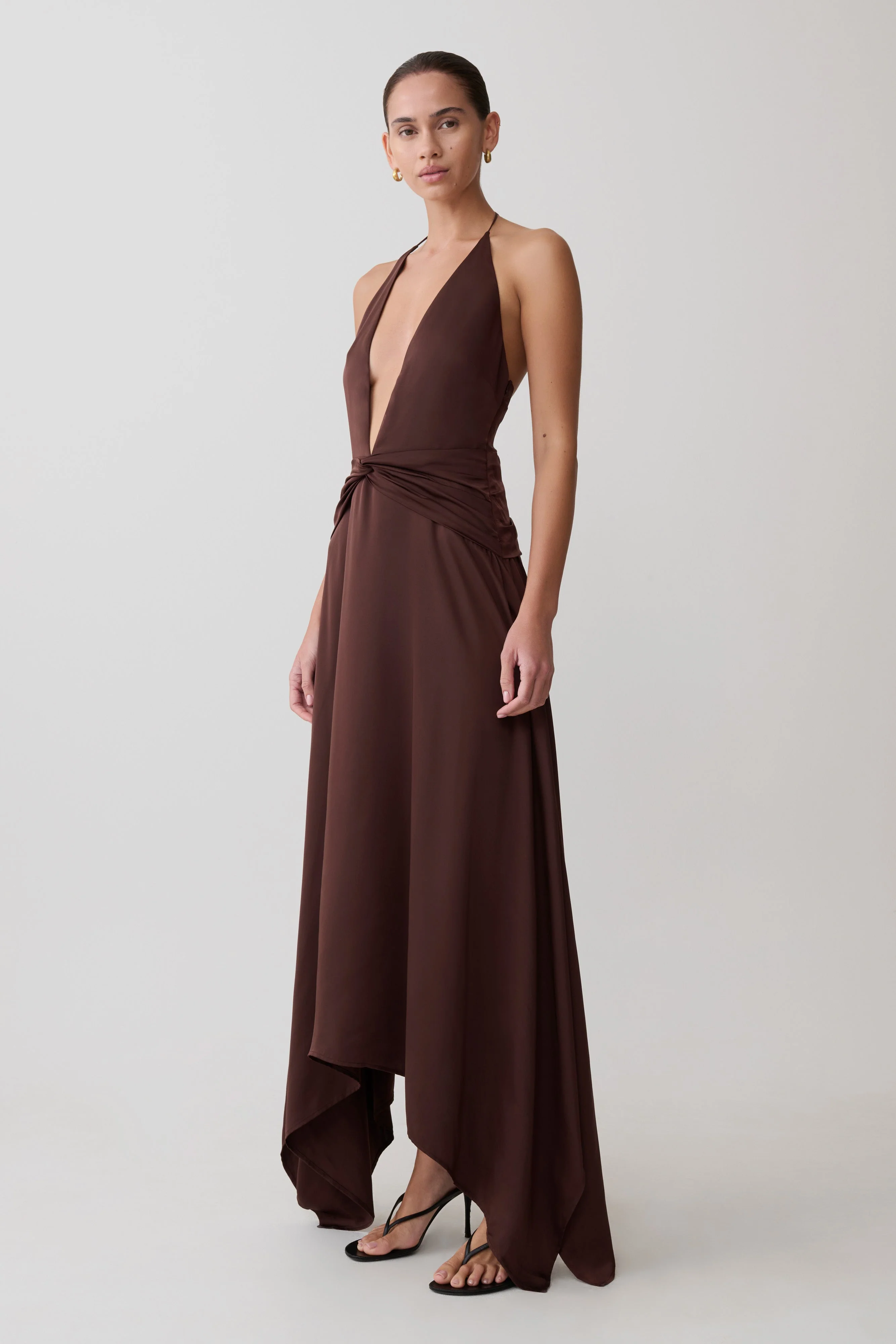 Cyra Plunge Satin Midi Dress - Dark Chocolate - Image 3