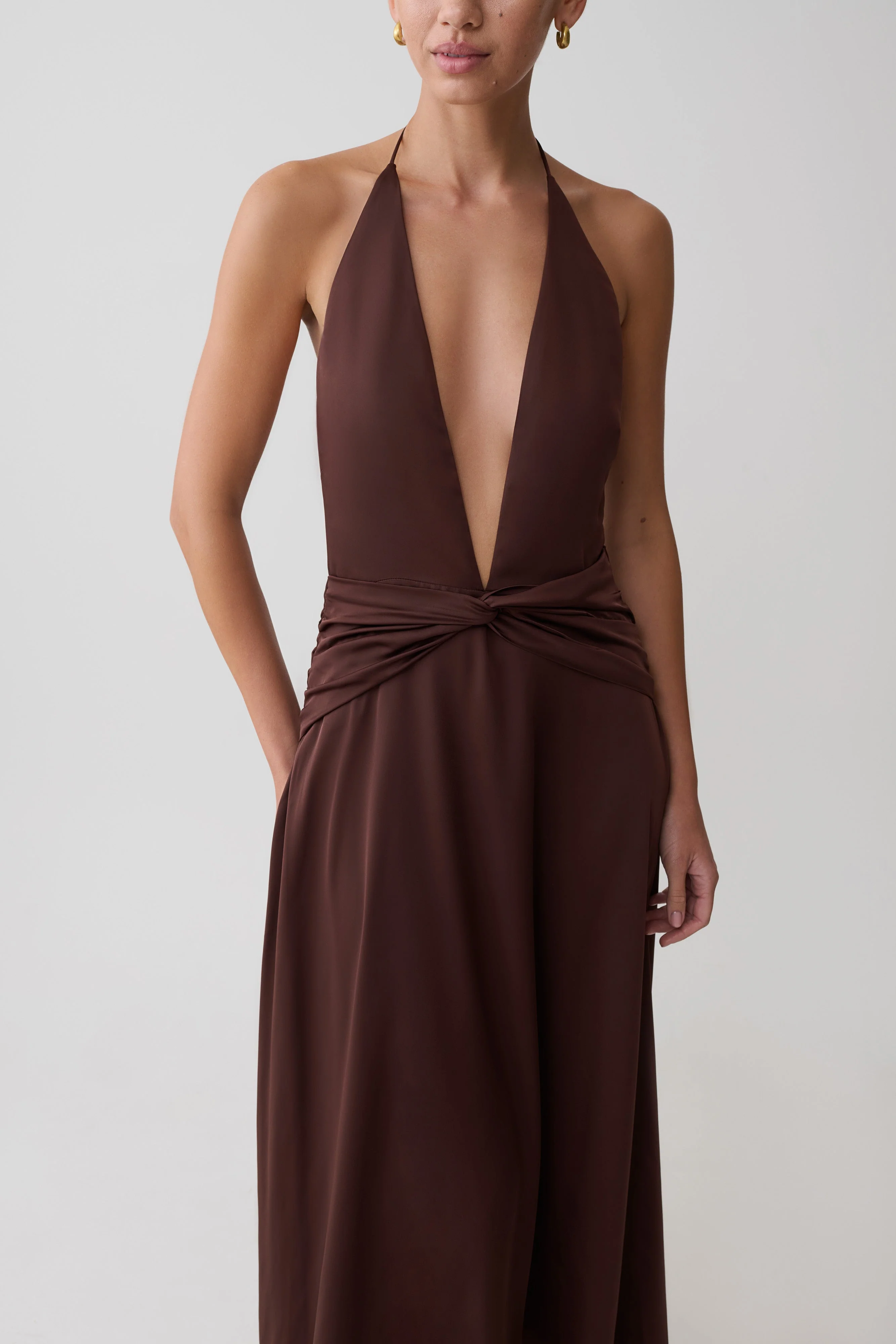 Cyra Plunge Satin Midi Dress - Dark Chocolate - Image 6