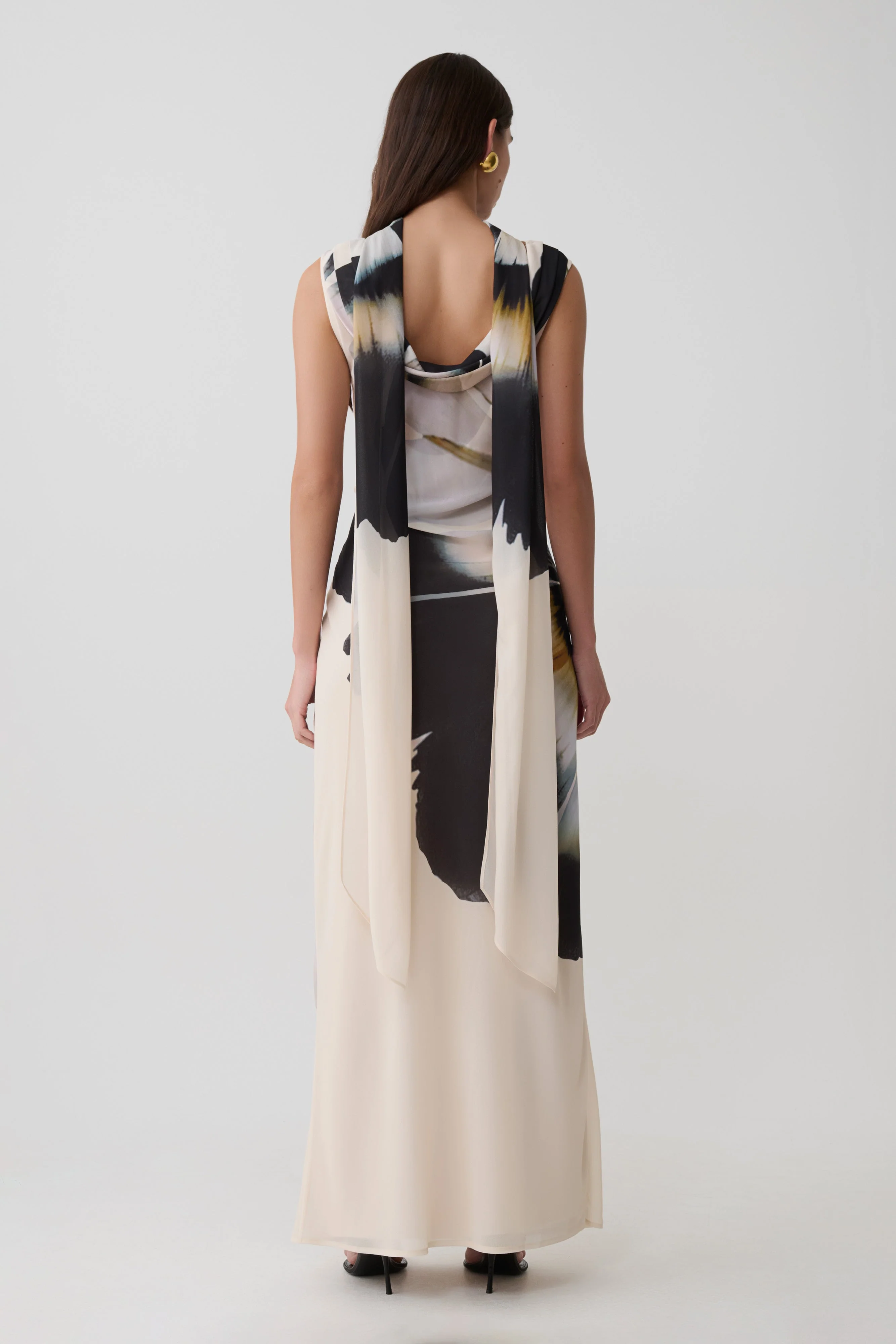 Dakota Chiffon Maxi Dress With Scarf - Ivory Oversized Floral Print - Image 2