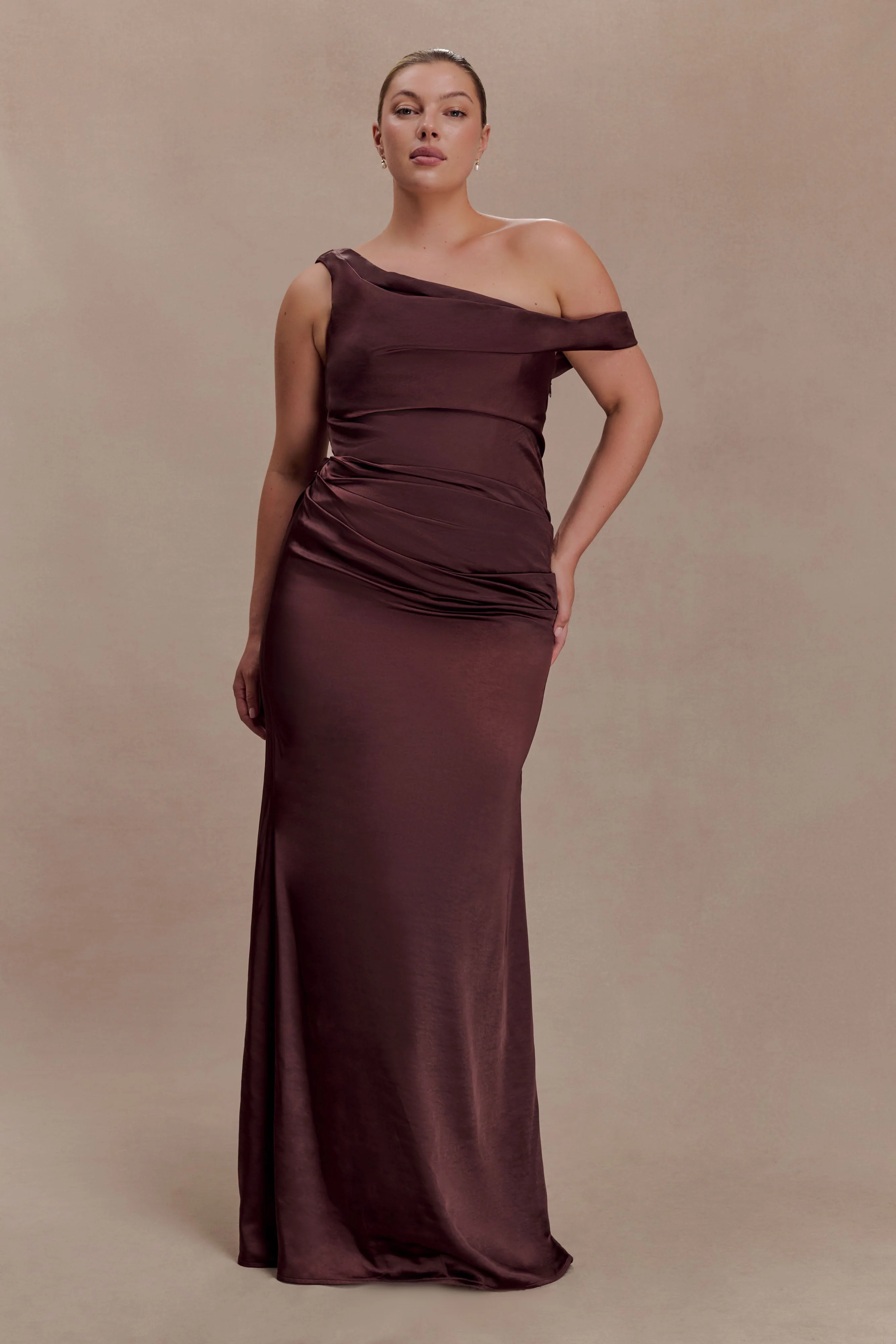 Dalia Off Shoulder Satin Maxi Dress - Dark Chocolate - Image 4
