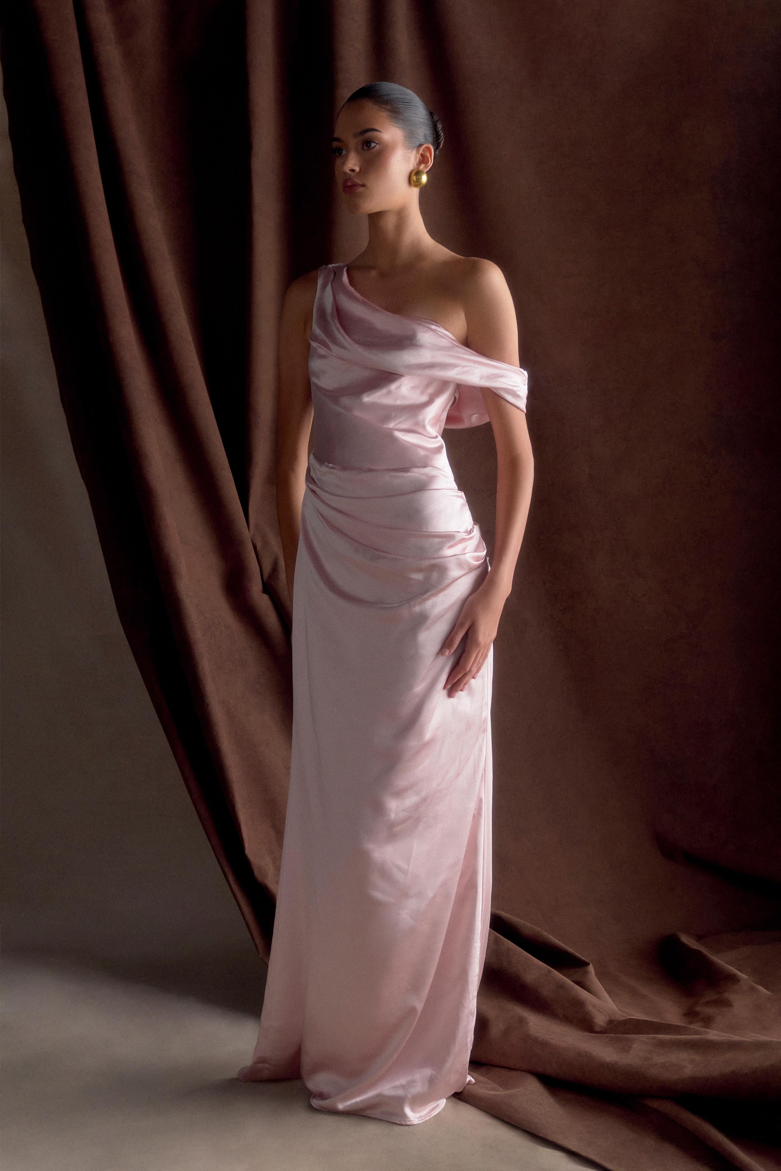 Dalia Off Shoulder Satin Maxi Dress - Soft Pink - Image 10