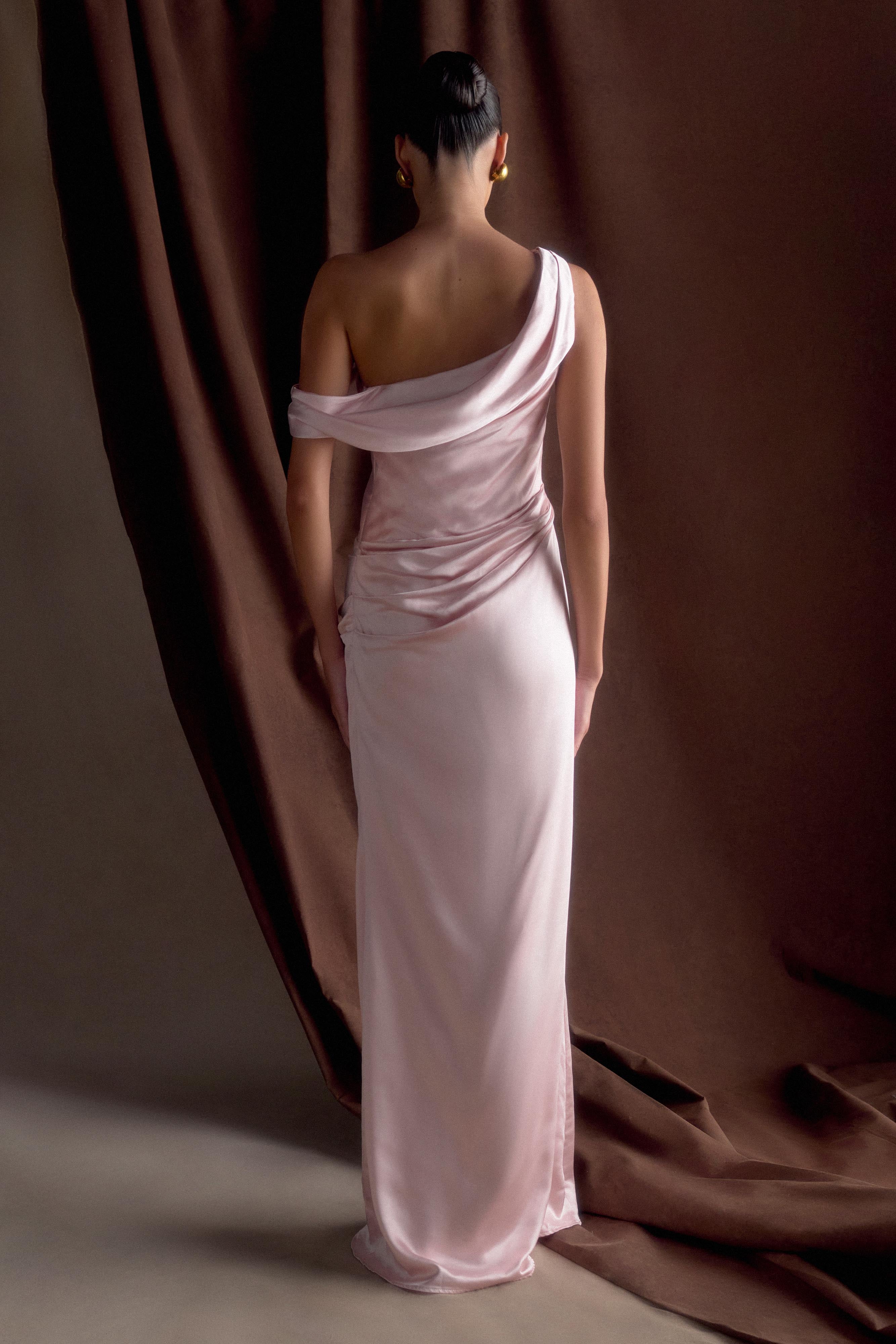 Dalia Off Shoulder Satin Maxi Dress - Soft Pink - Image 2