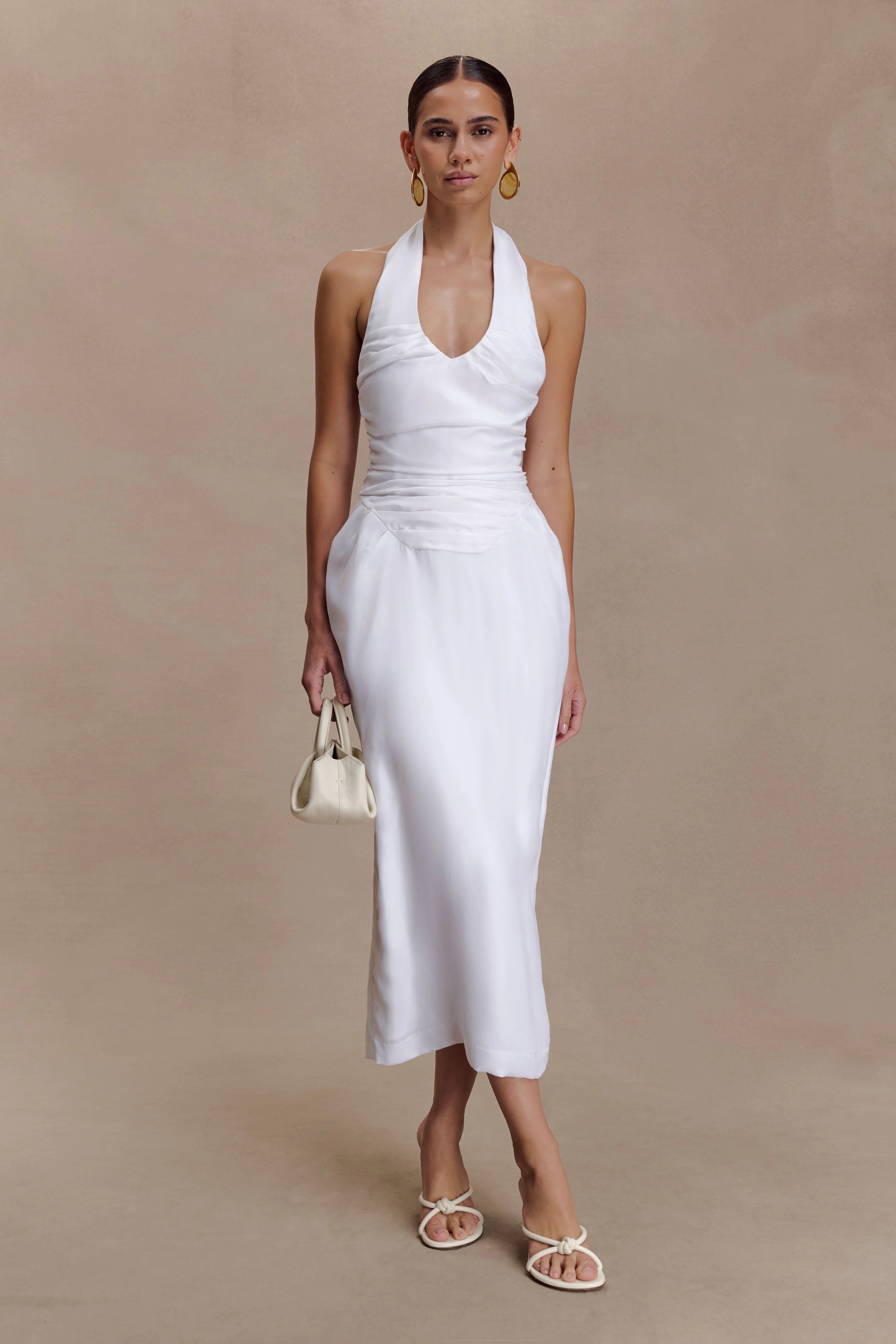 Daniela Ruched Halter Midi Dress - White - Image 2
