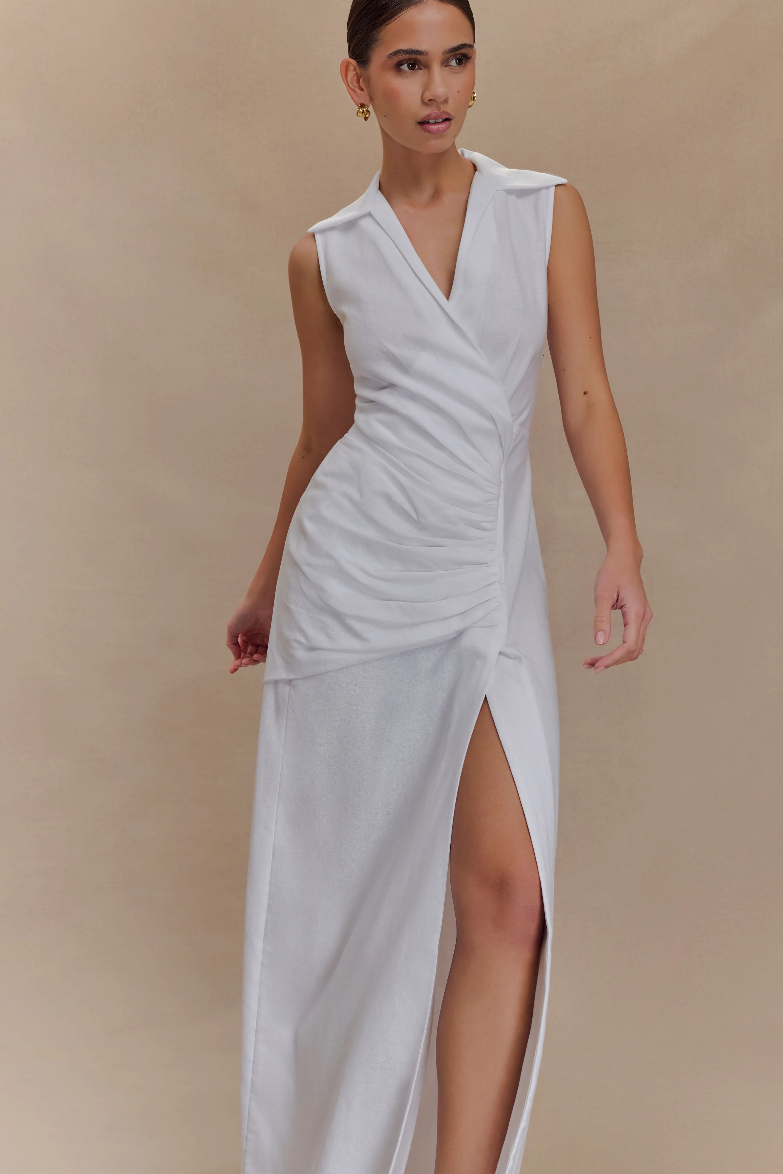 Dante Ruched Linen Midi Dress - White - Image 4