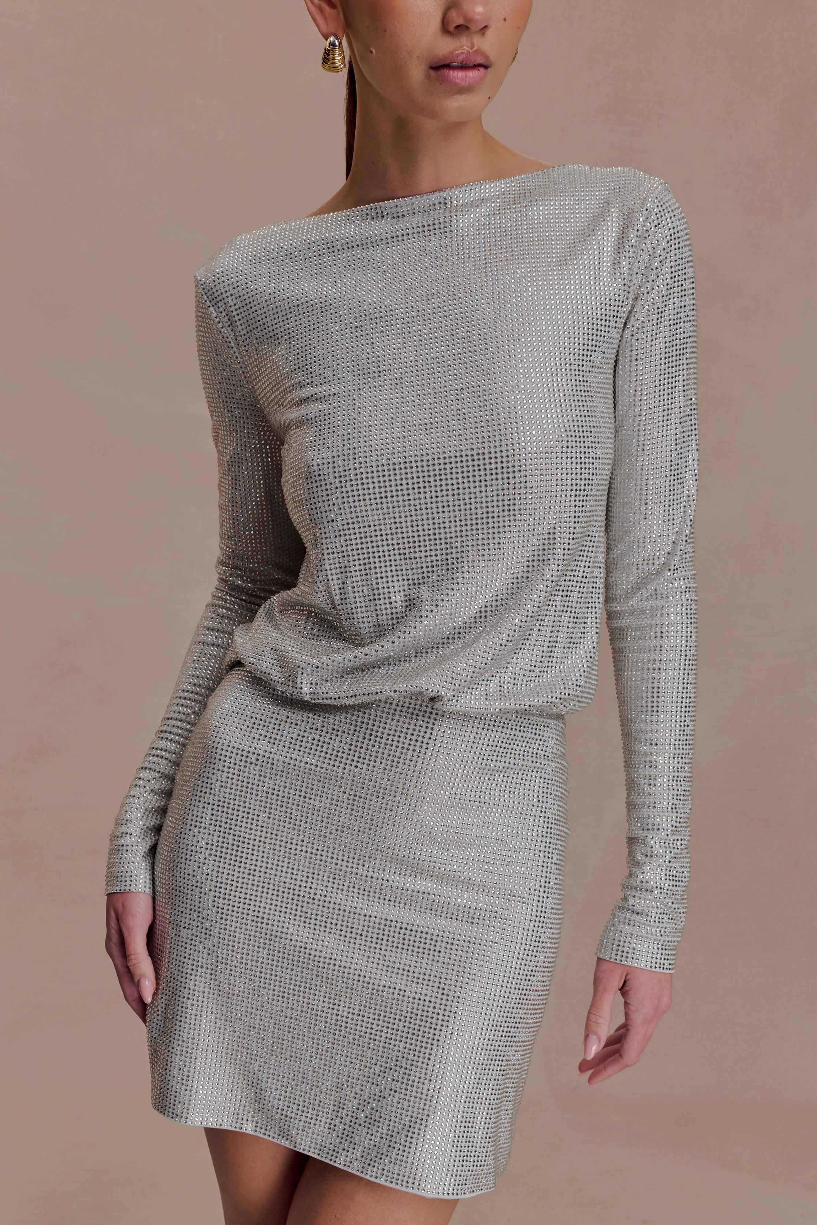 Darius Diamante Cowl Mini Dress - Silver - Image 5