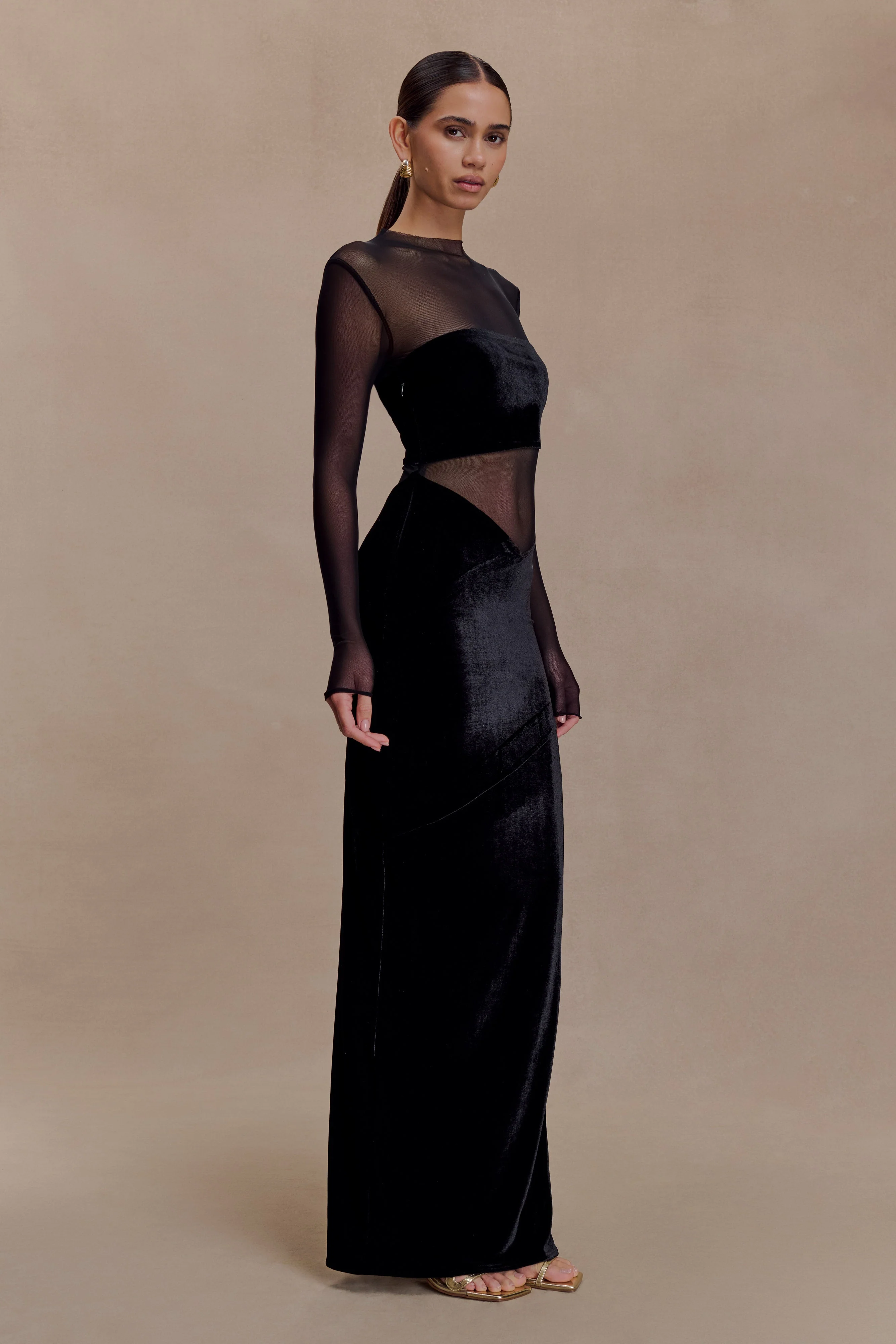 Davina Velvet And Mesh Maxi Dress - Black - Image 6
