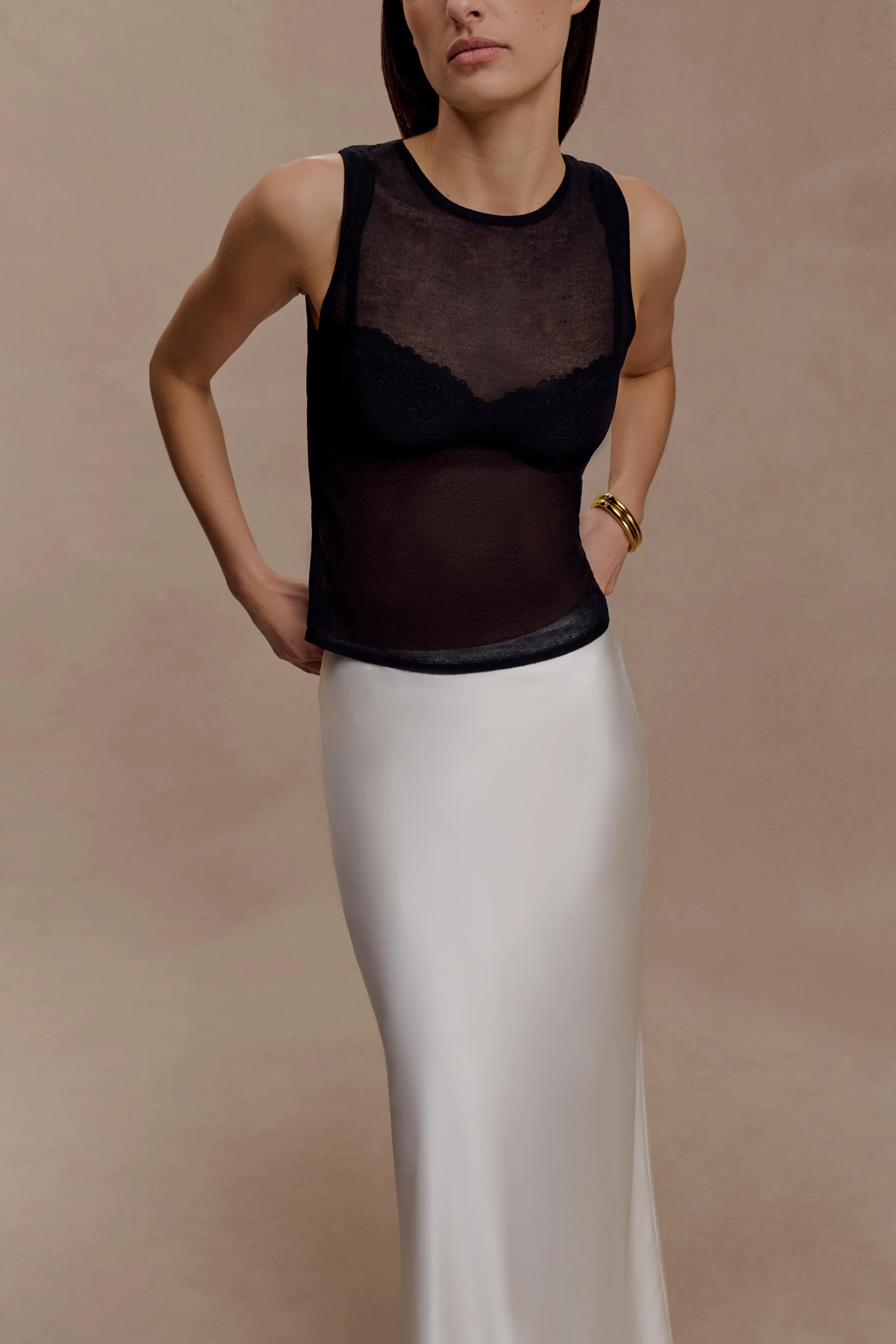 Dollie Sheer Knit Tank Top - Black - Image 3