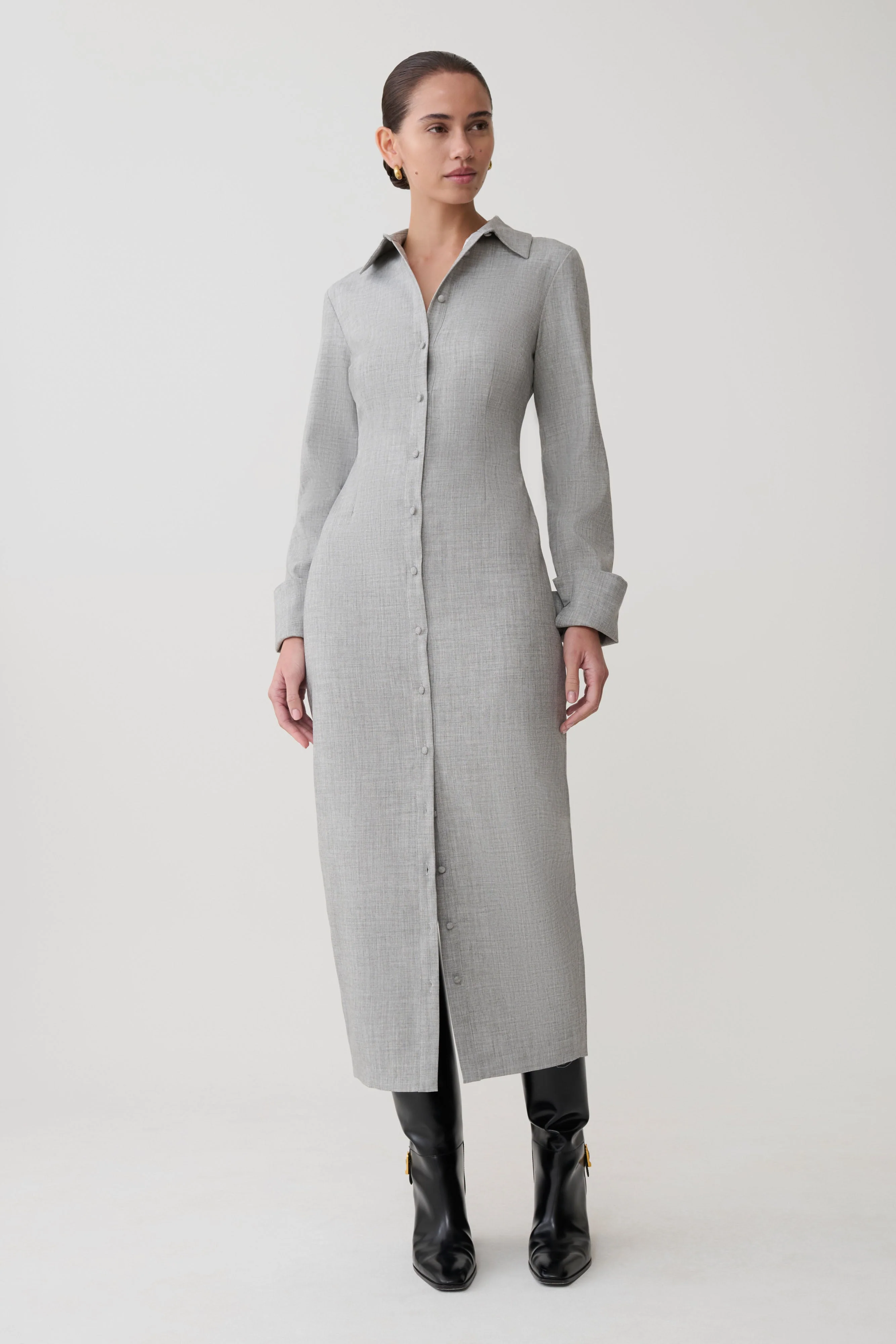 Dorian Fitted Shirt Midi Dress - Charcoal Marle - Image 3