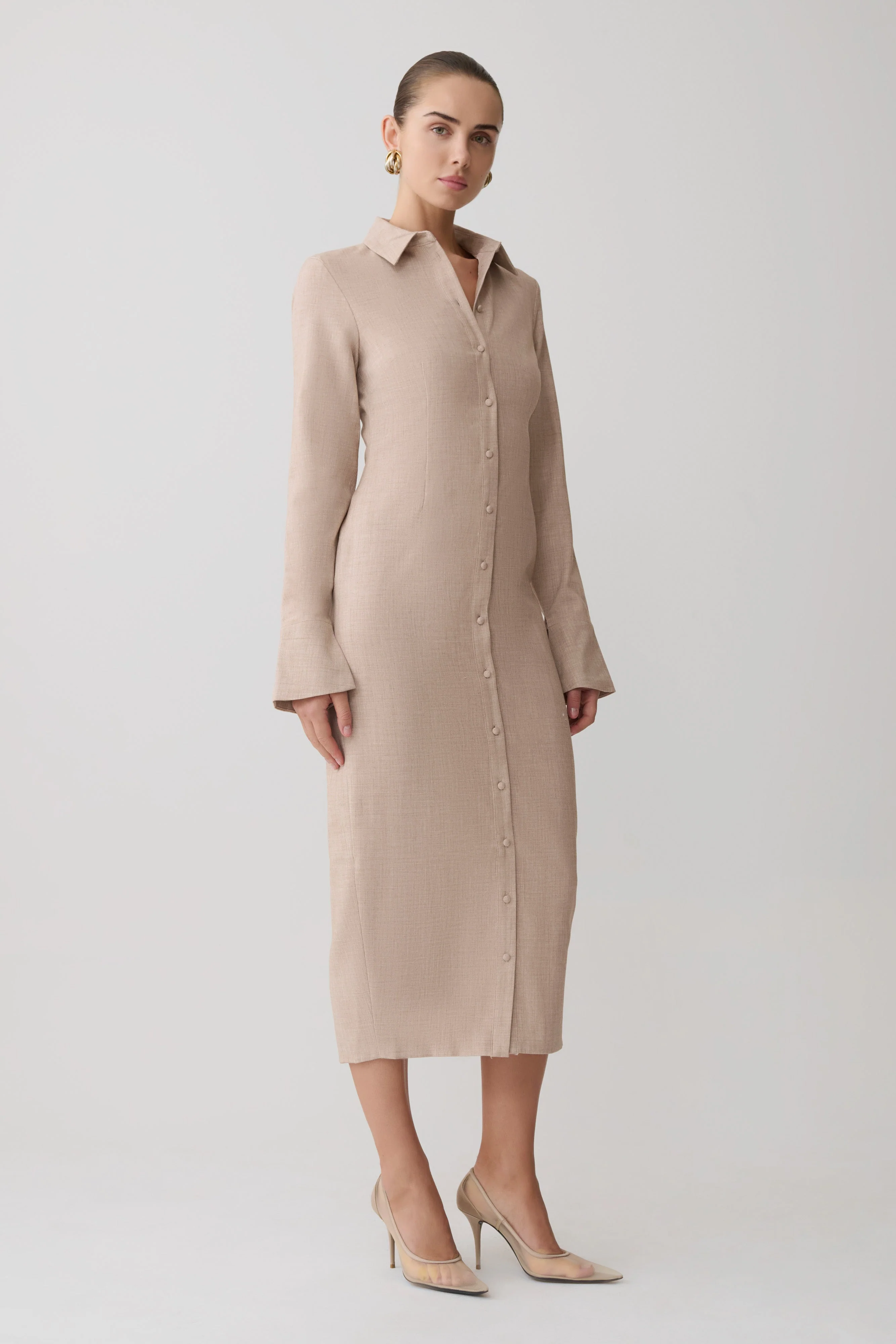 Dorian Fitted Shirt Midi Dress - Wheat Marle - Image 3
