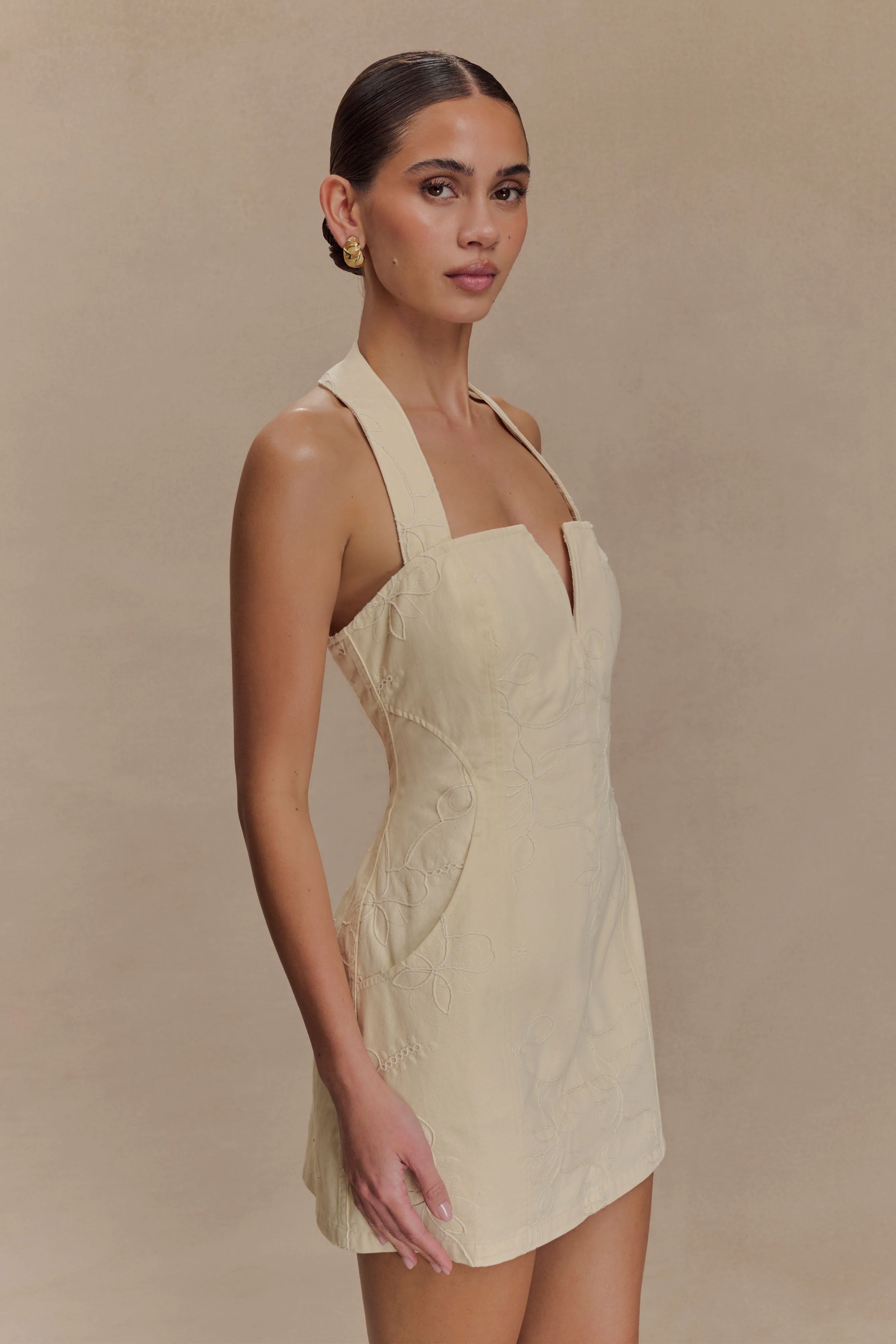 Ebony Embroidered Denim Mini Dress - Cream - Image 4