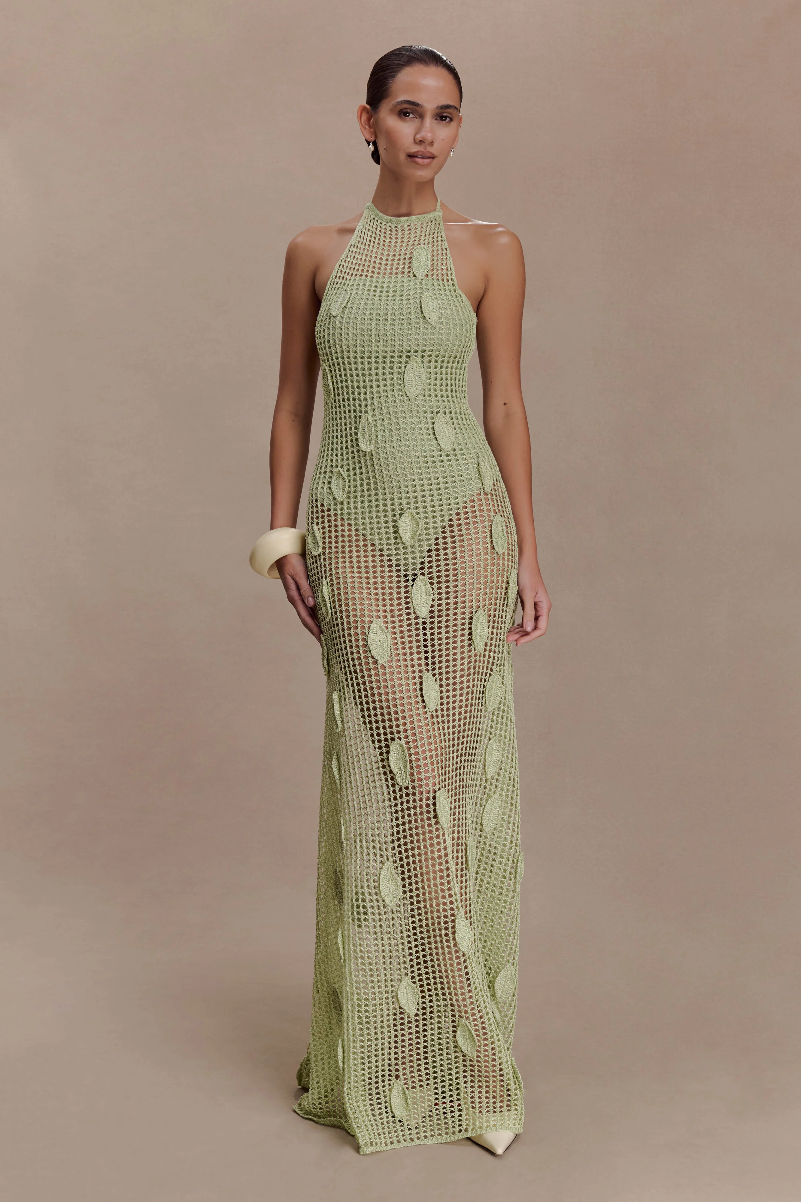 Elfie Crochet Halter Maxi Dress - Pastel Green - Image 5