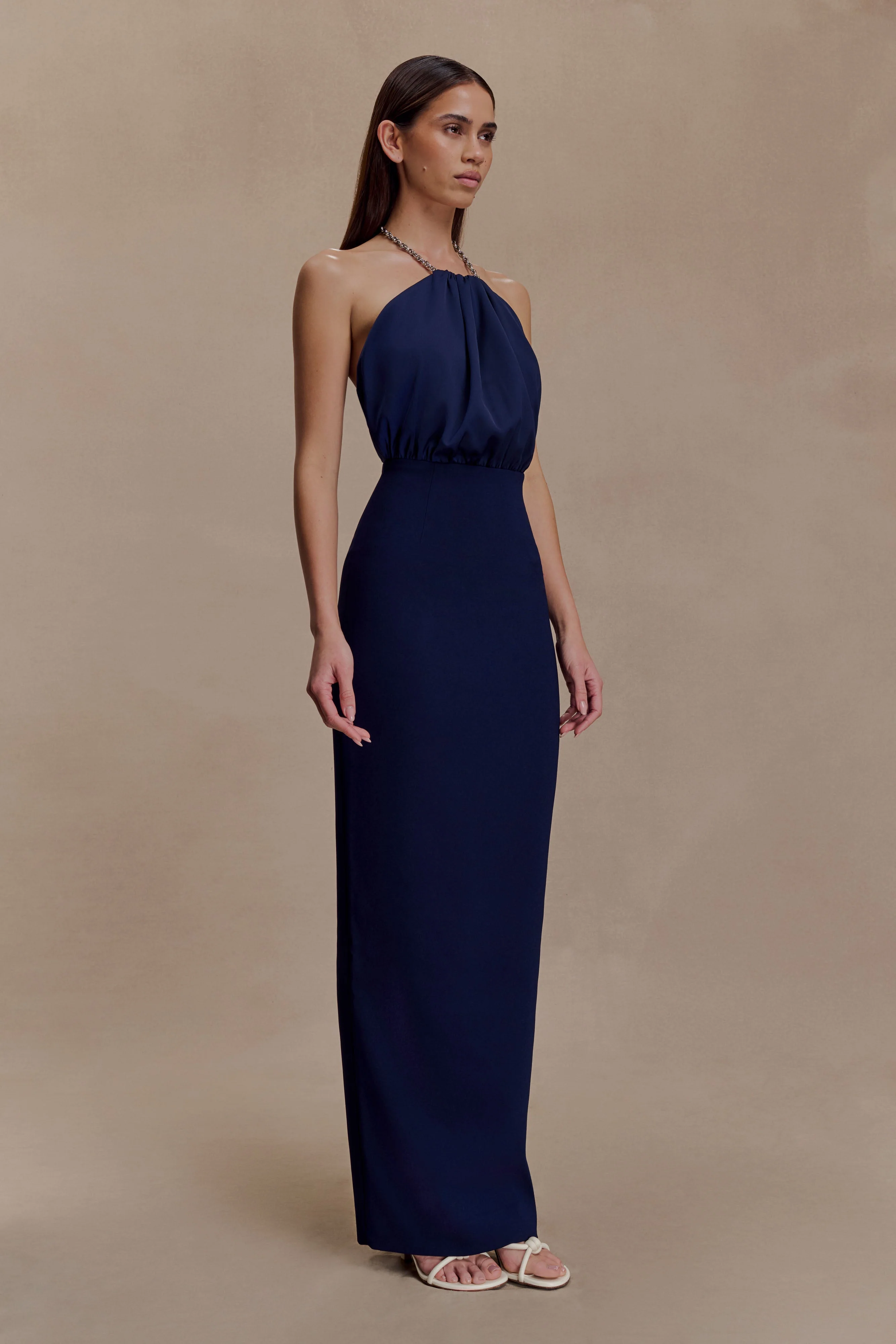 Elina Satin Necklace Maxi Dress - Navy - Image 4