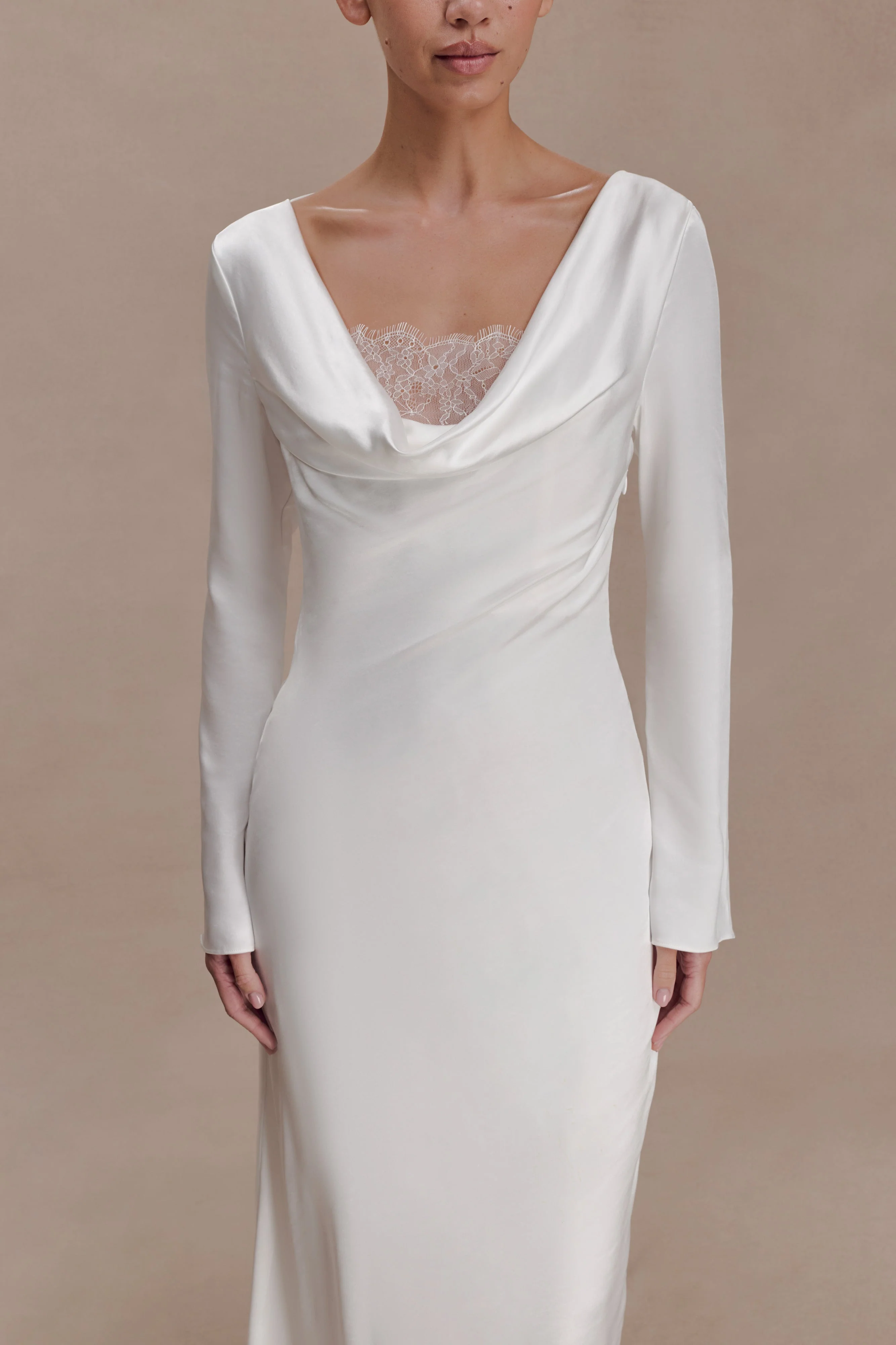 Eliza Long Sleeve Cowl Lace And Satin Maxi Dress - Ivory - Image 3