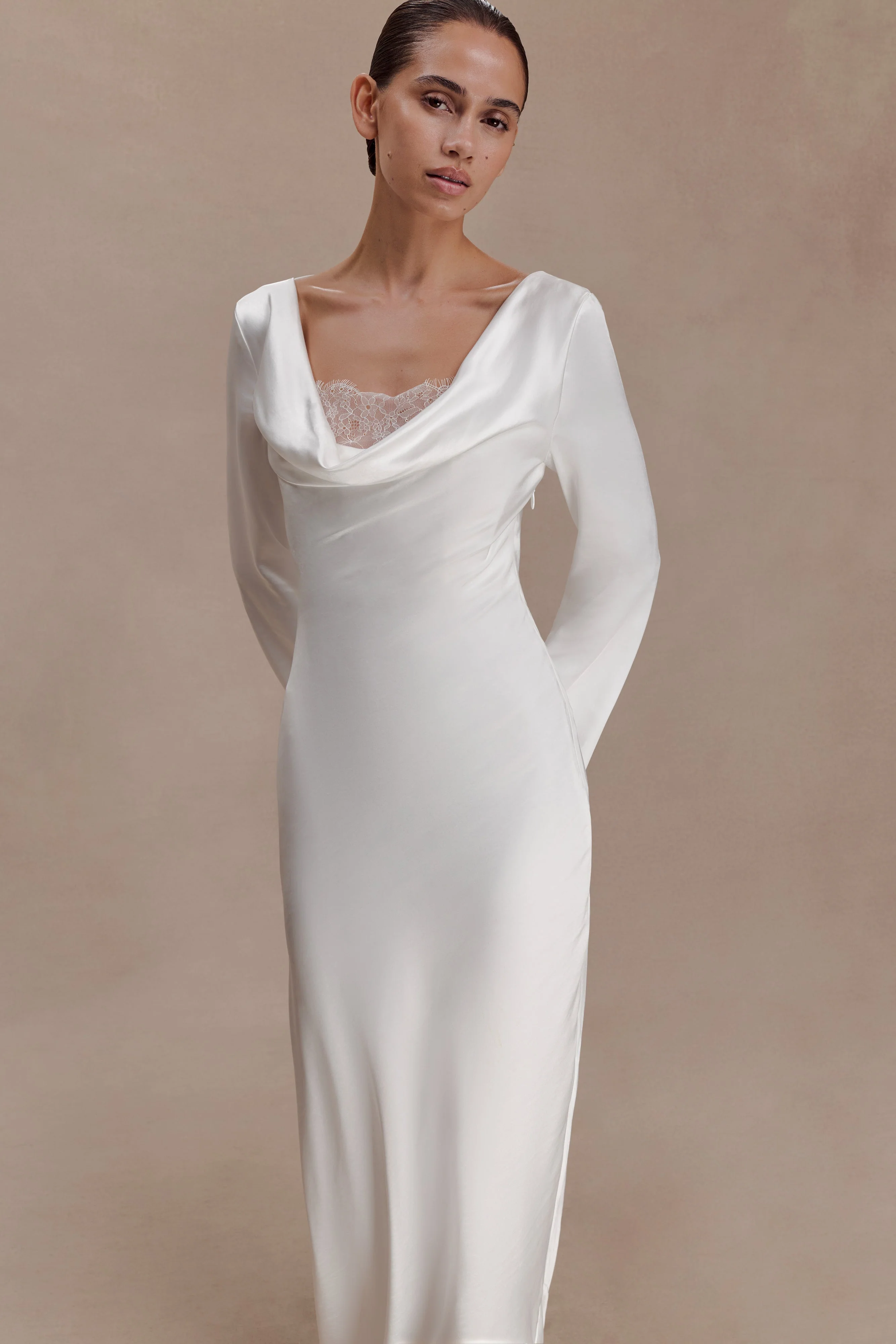 Eliza Long Sleeve Cowl Lace And Satin Maxi Dress - Ivory - Image 5