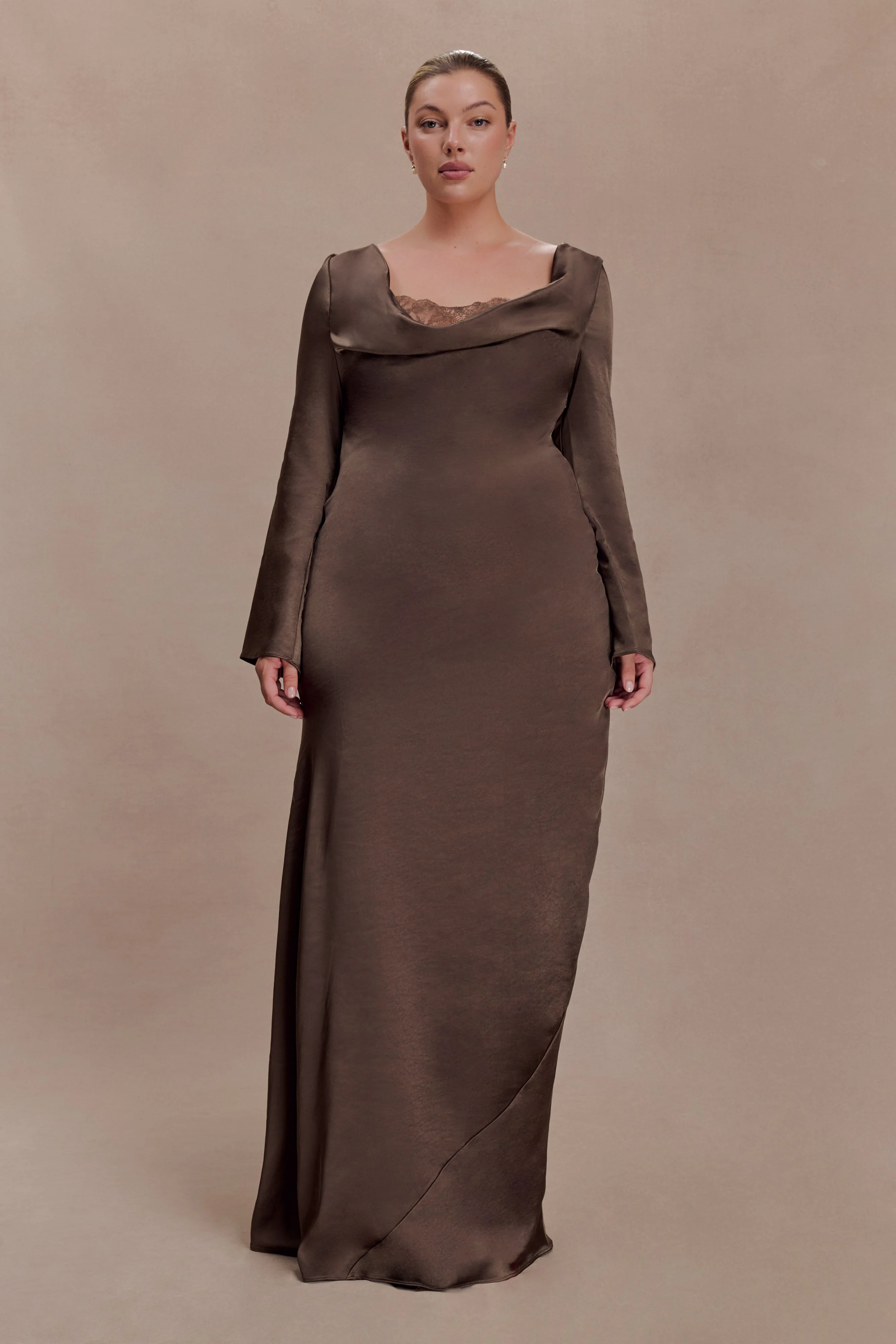 Eliza Long Sleeve Cowl Lace And Satin Maxi Dress - Mocha - Image 2