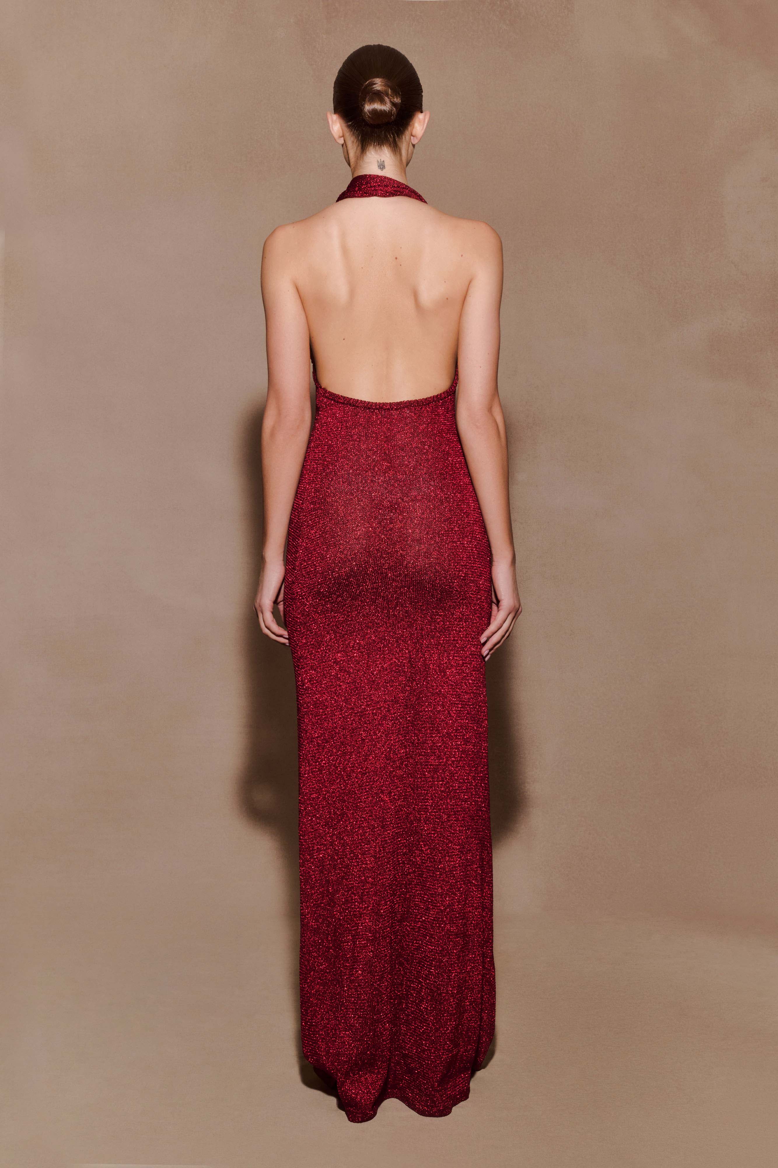 Elma Lurex Knit Halter Maxi Dress - Deep Red - Image 2