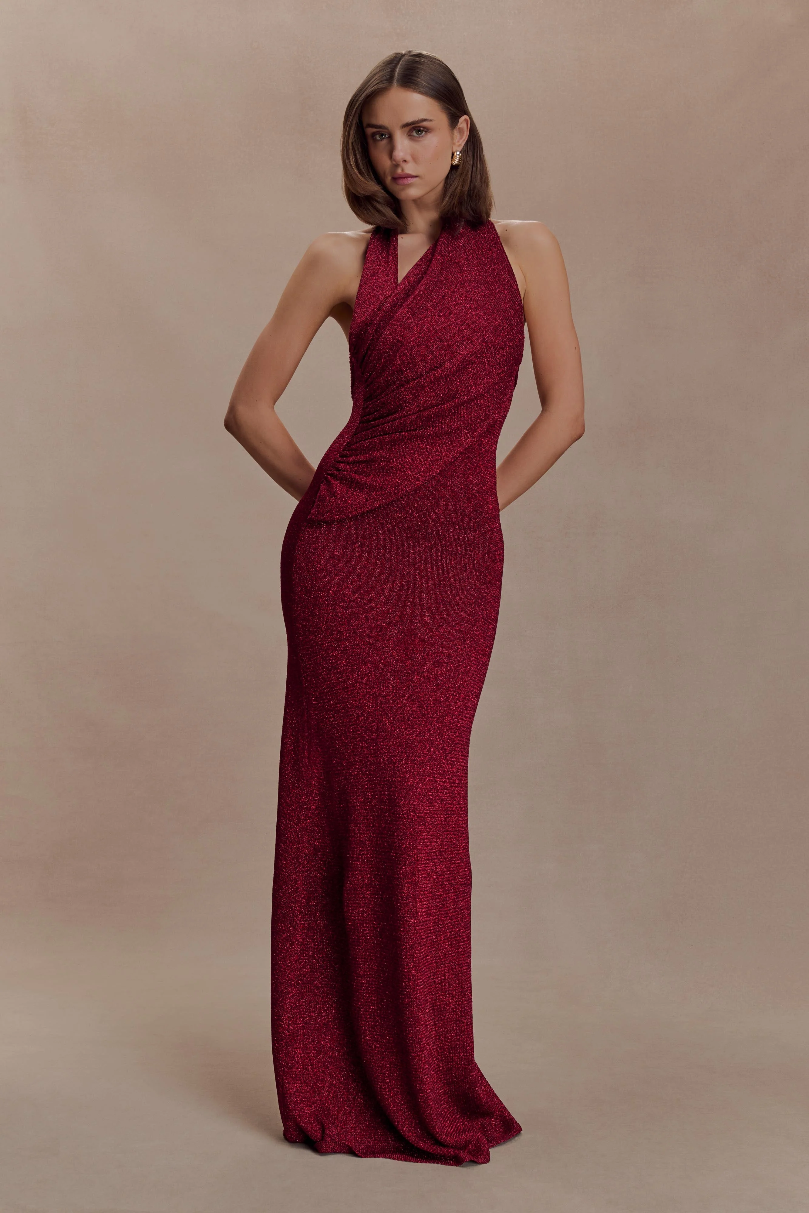 Elma Lurex Knit Halter Maxi Dress - Deep Red - Image 3