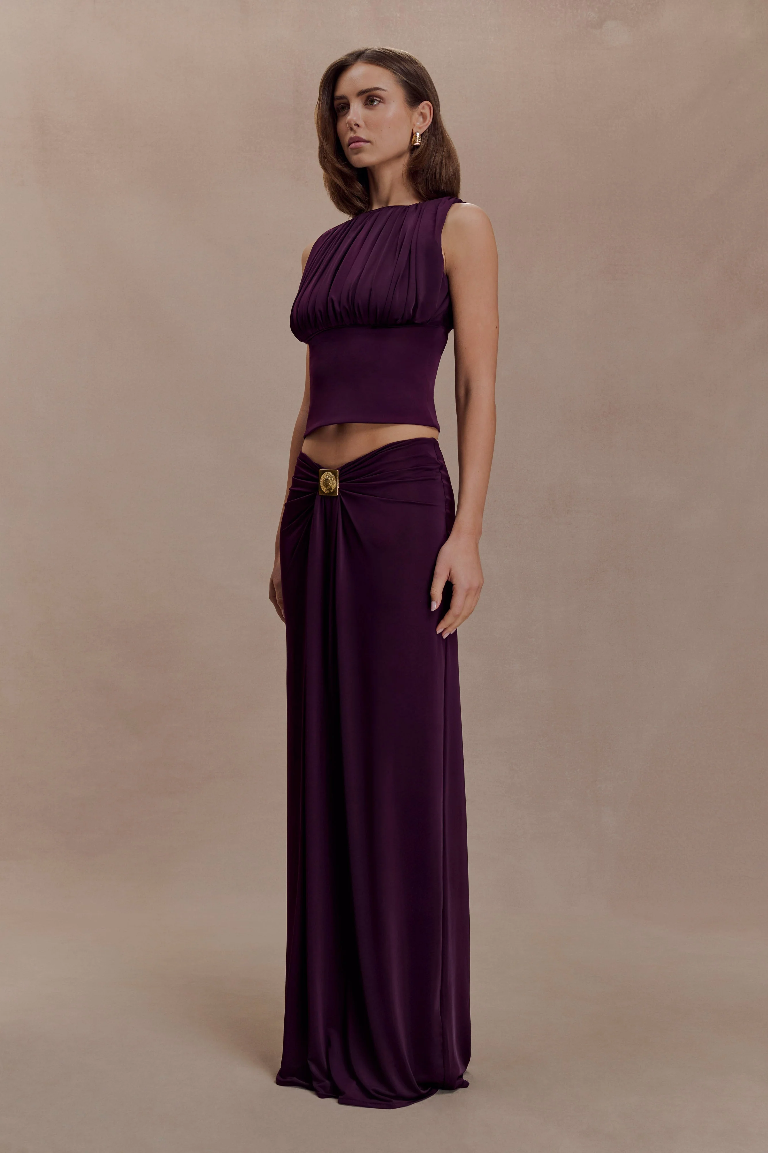 Erina Slinky Ruched Maxi Skirt With Hardware - Aubergine - Image 3