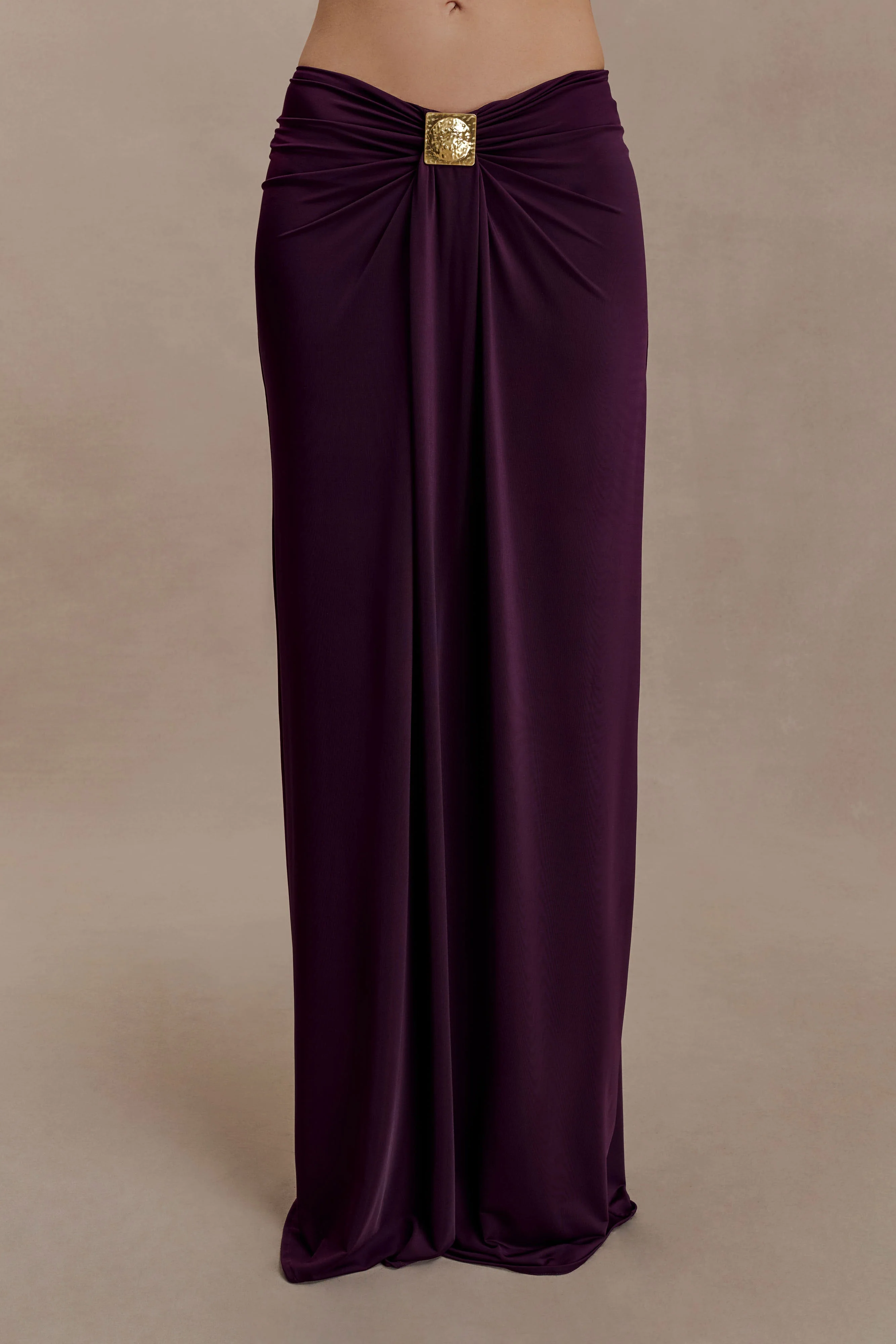 Erina Slinky Ruched Maxi Skirt With Hardware - Aubergine - Image 6