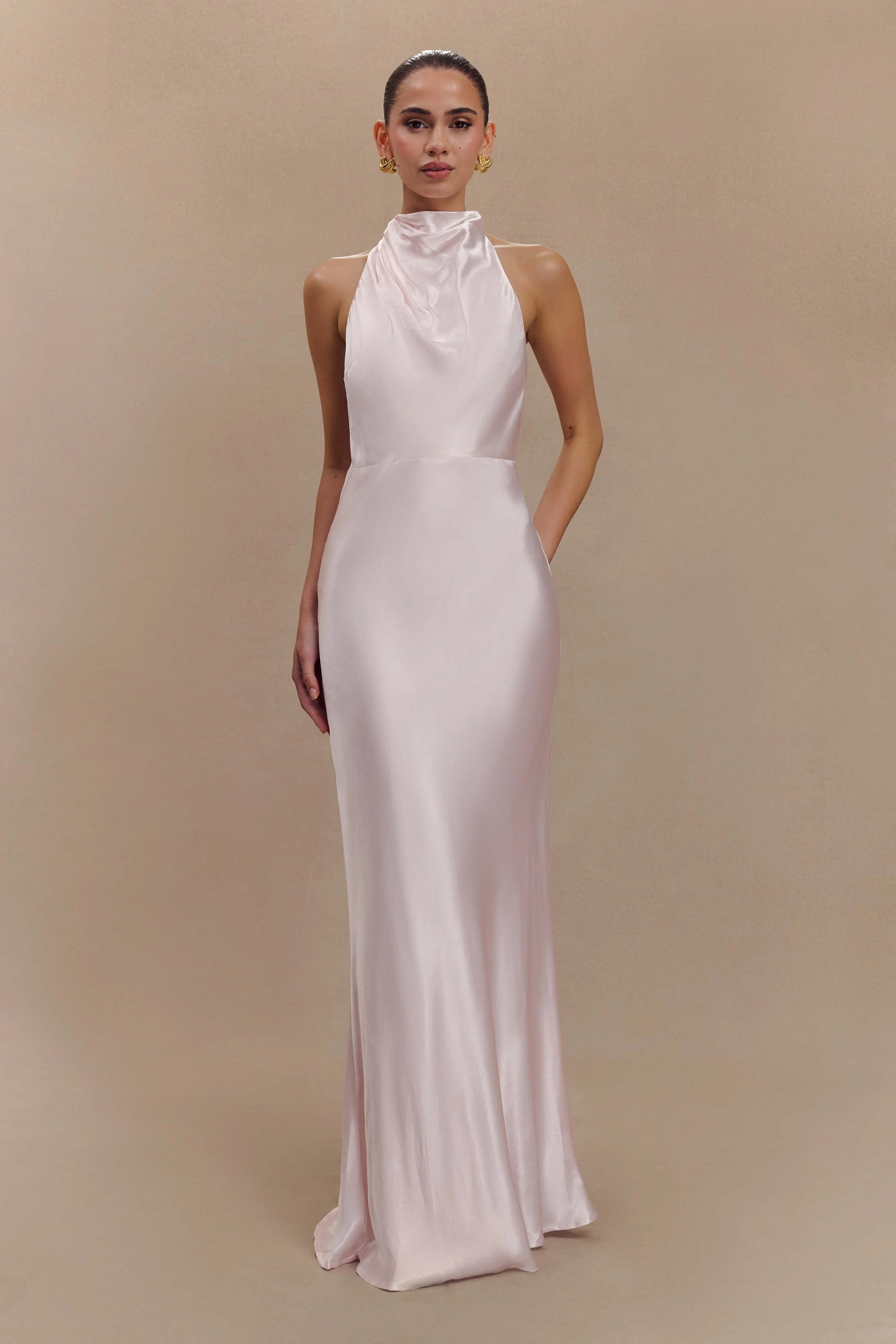 Esther Iridescent Satin Cowl Maxi Dress - Pale Pink - Image 5