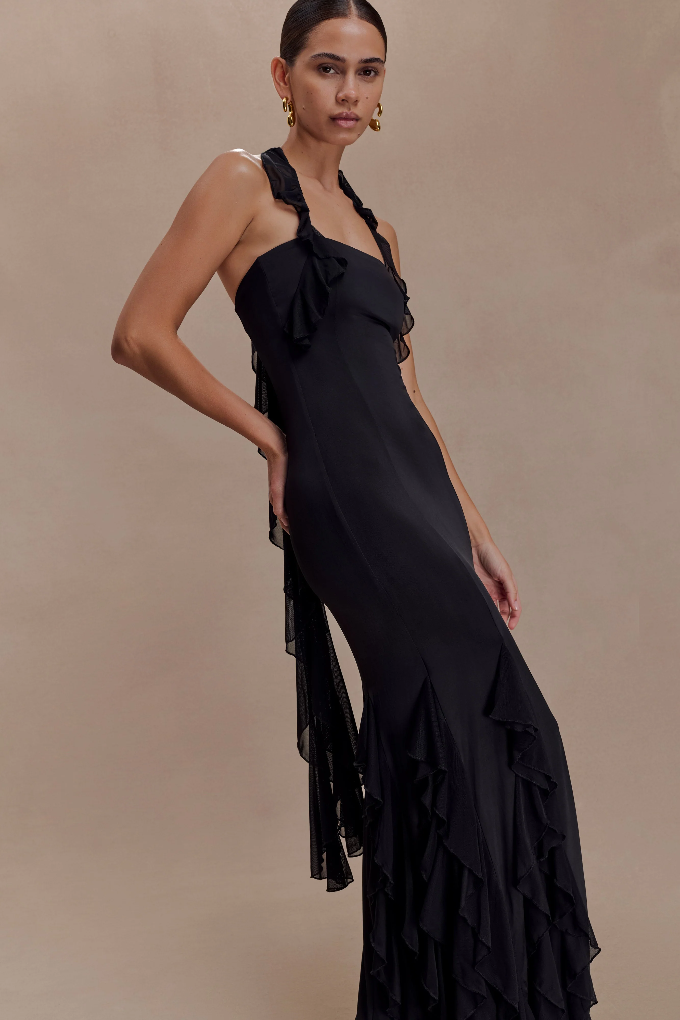 Etta Ruffle Slinky Maxi Dress - Black - Image 3