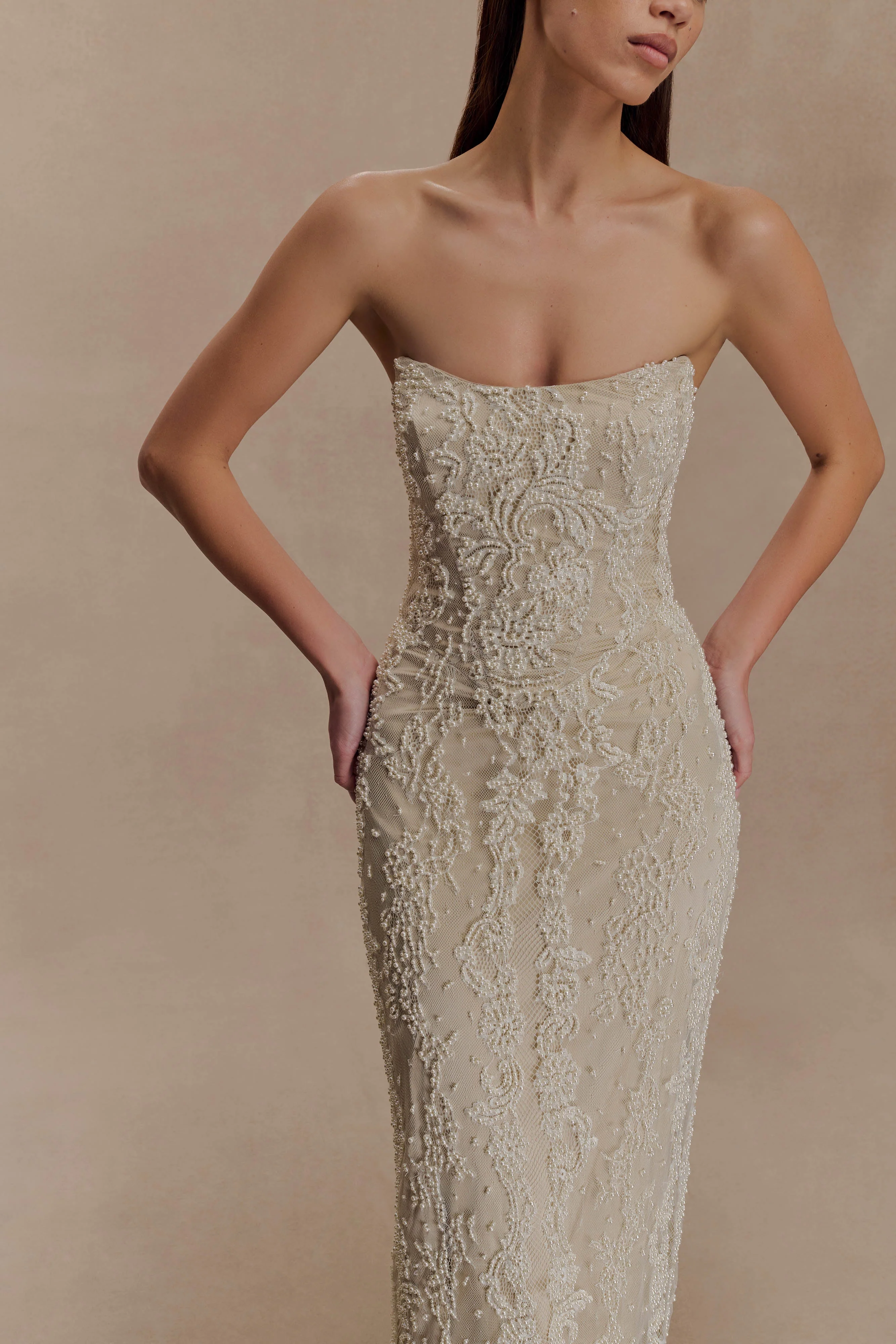 Eva Hand Beaded Pearl & Lace Maxi Dress - White - Image 3