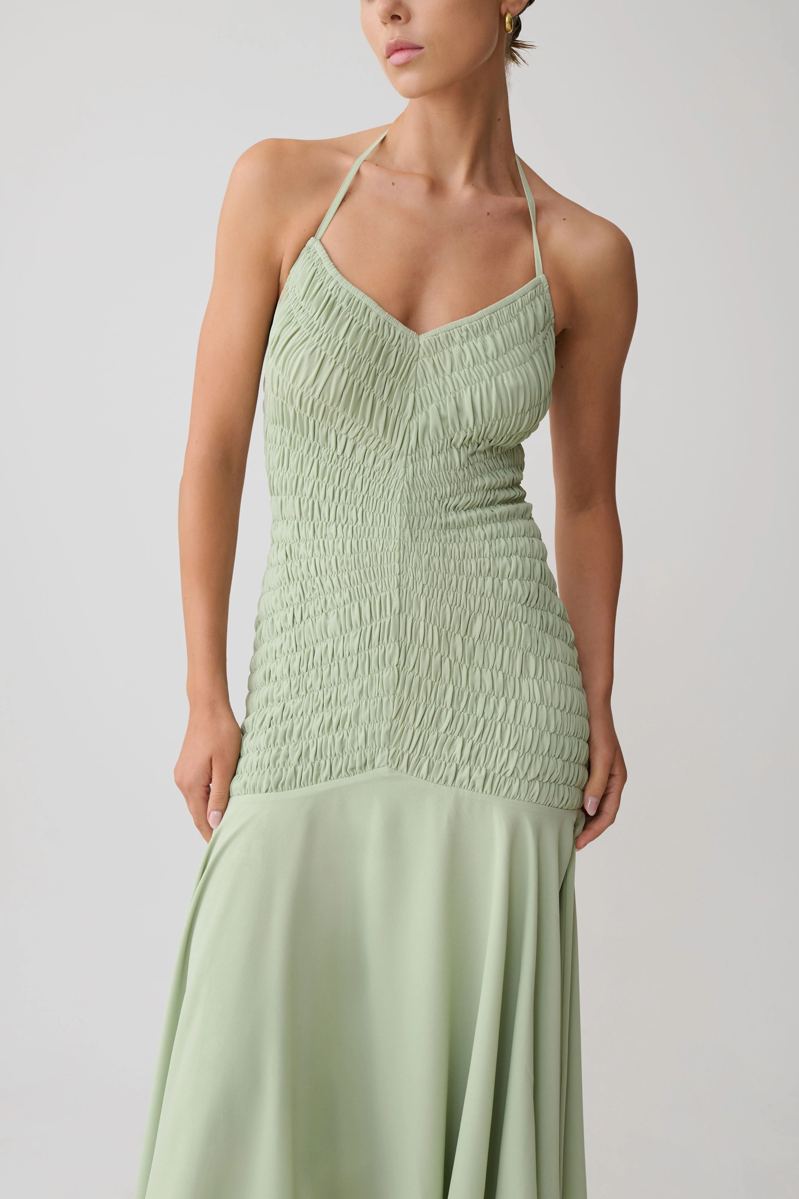 Evelyn Shirred Chiffon Maxi Dress - Sage - Image 2