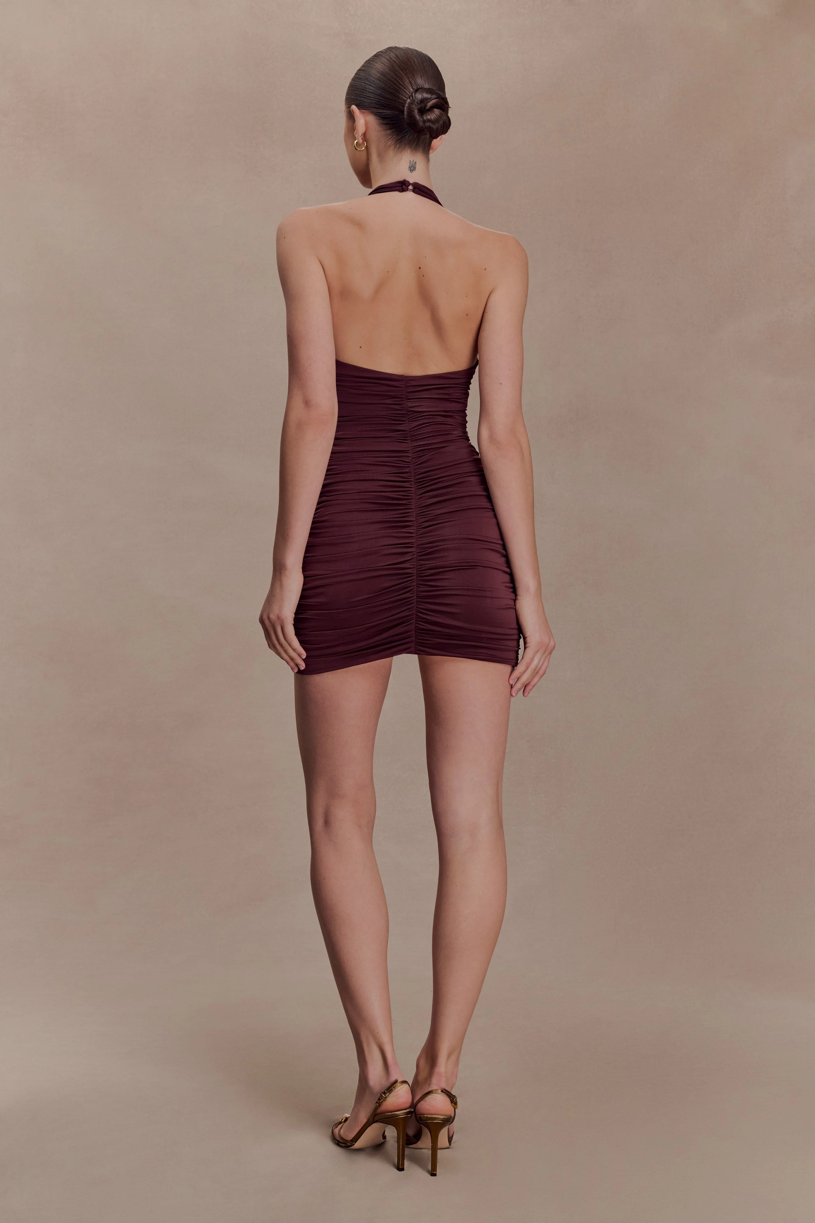 Fleur Ruched Slinky Mini Dress - Mahogany - Image 2
