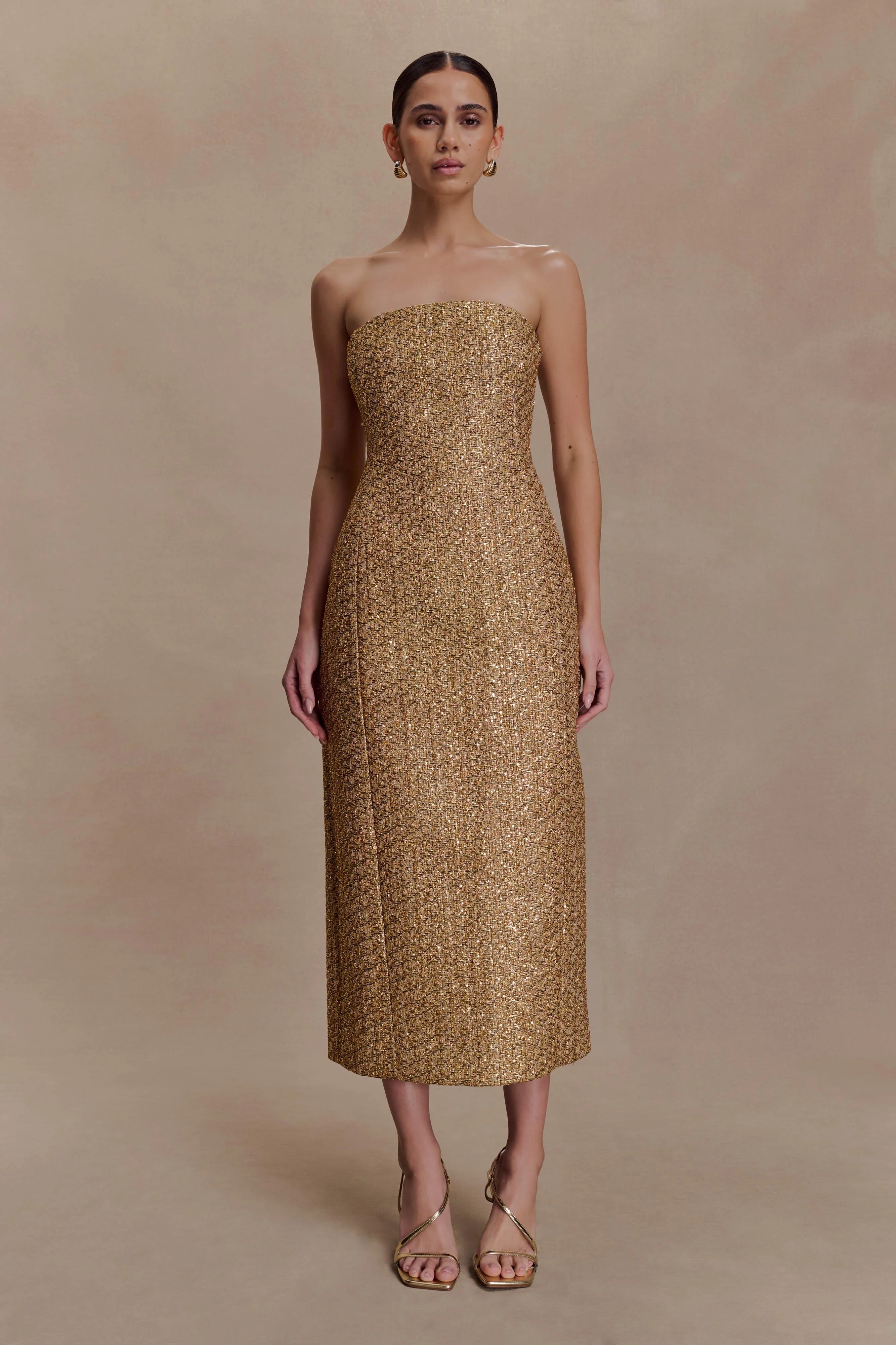 Gala Strapless Tweed Midi Dress - Gold - Image 5