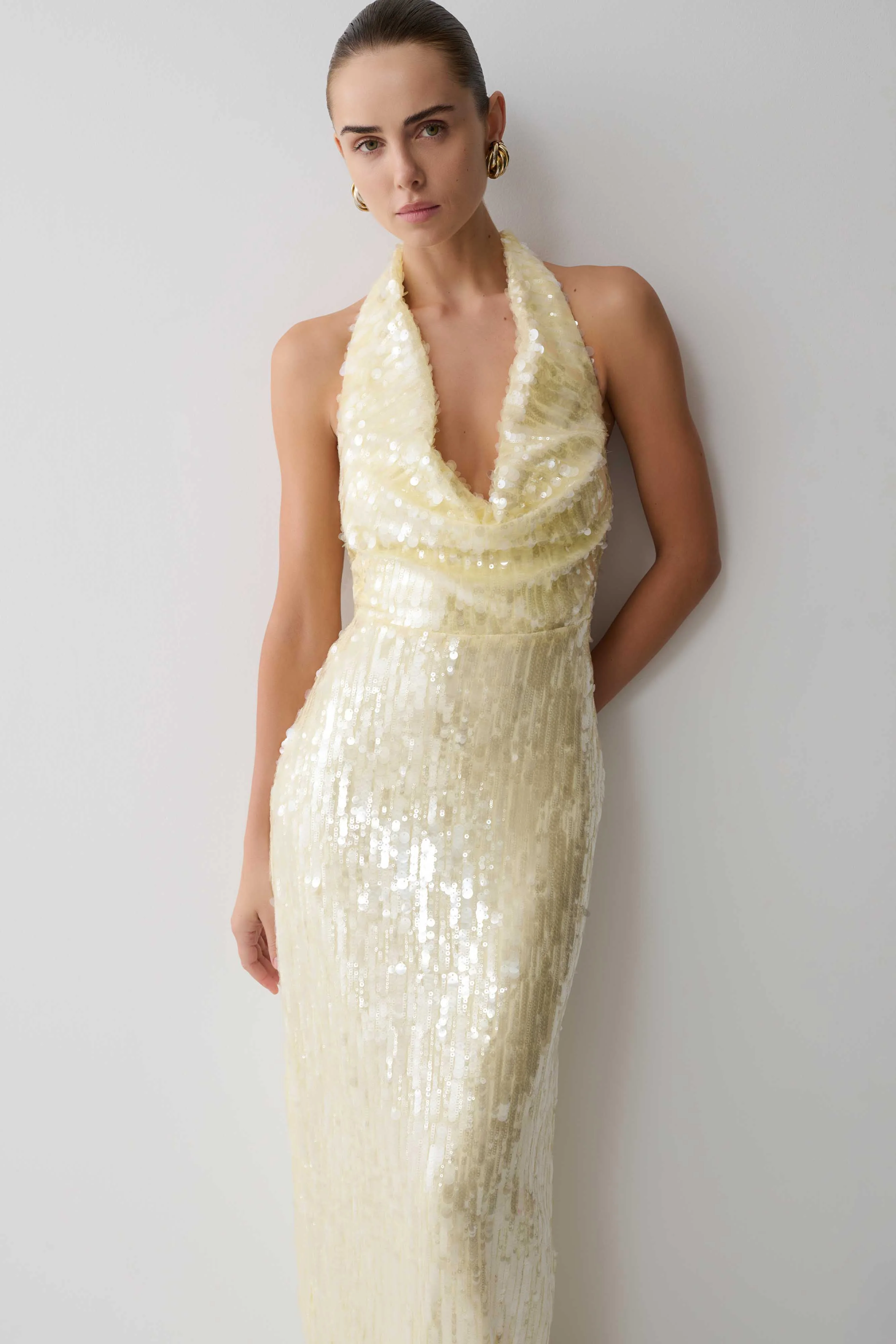 Gertrud Sequin Halter Maxi Dress - Lemon - Image 9
