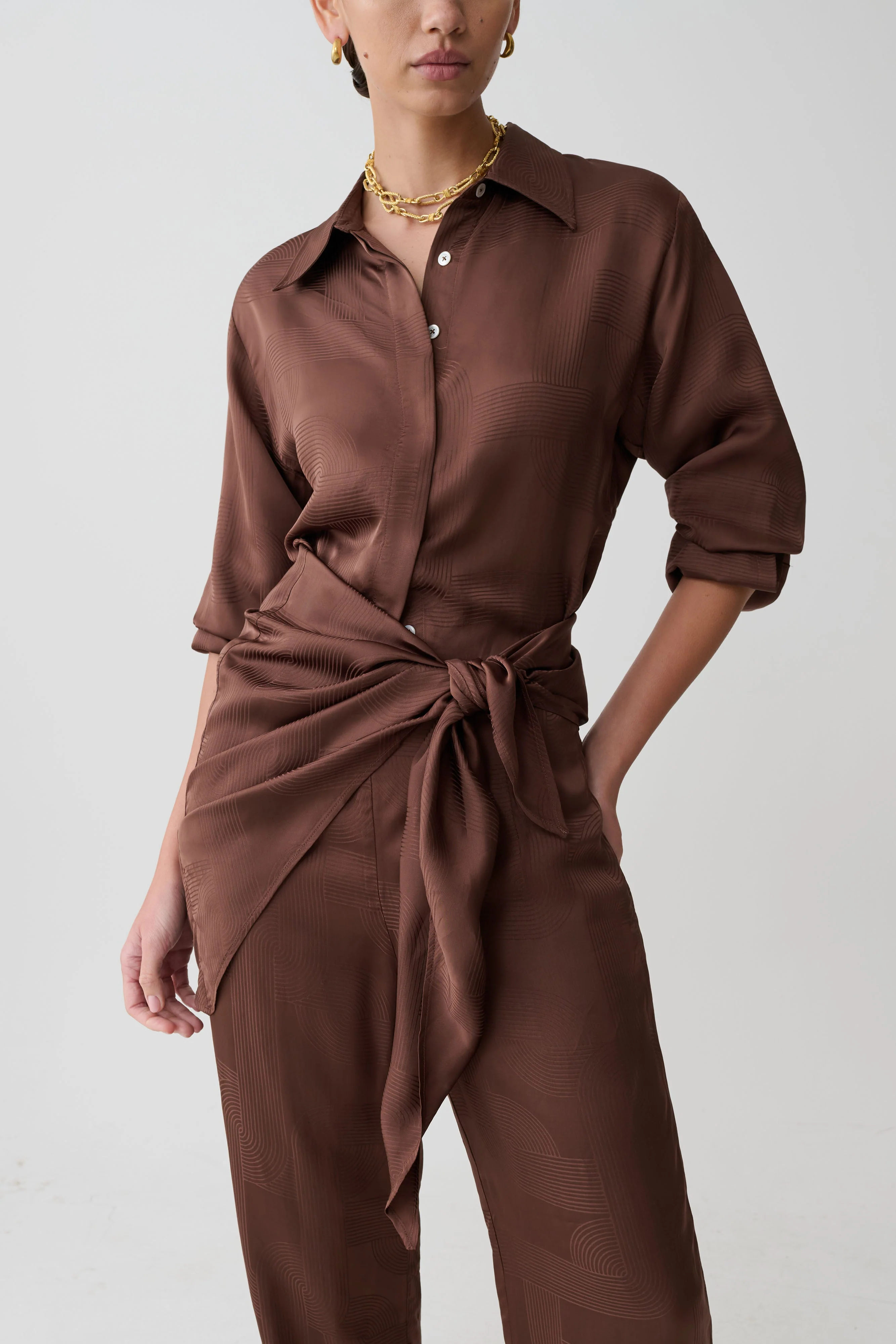 Gia Long Sleeve Satin Shirt - Chocolate - Image 2