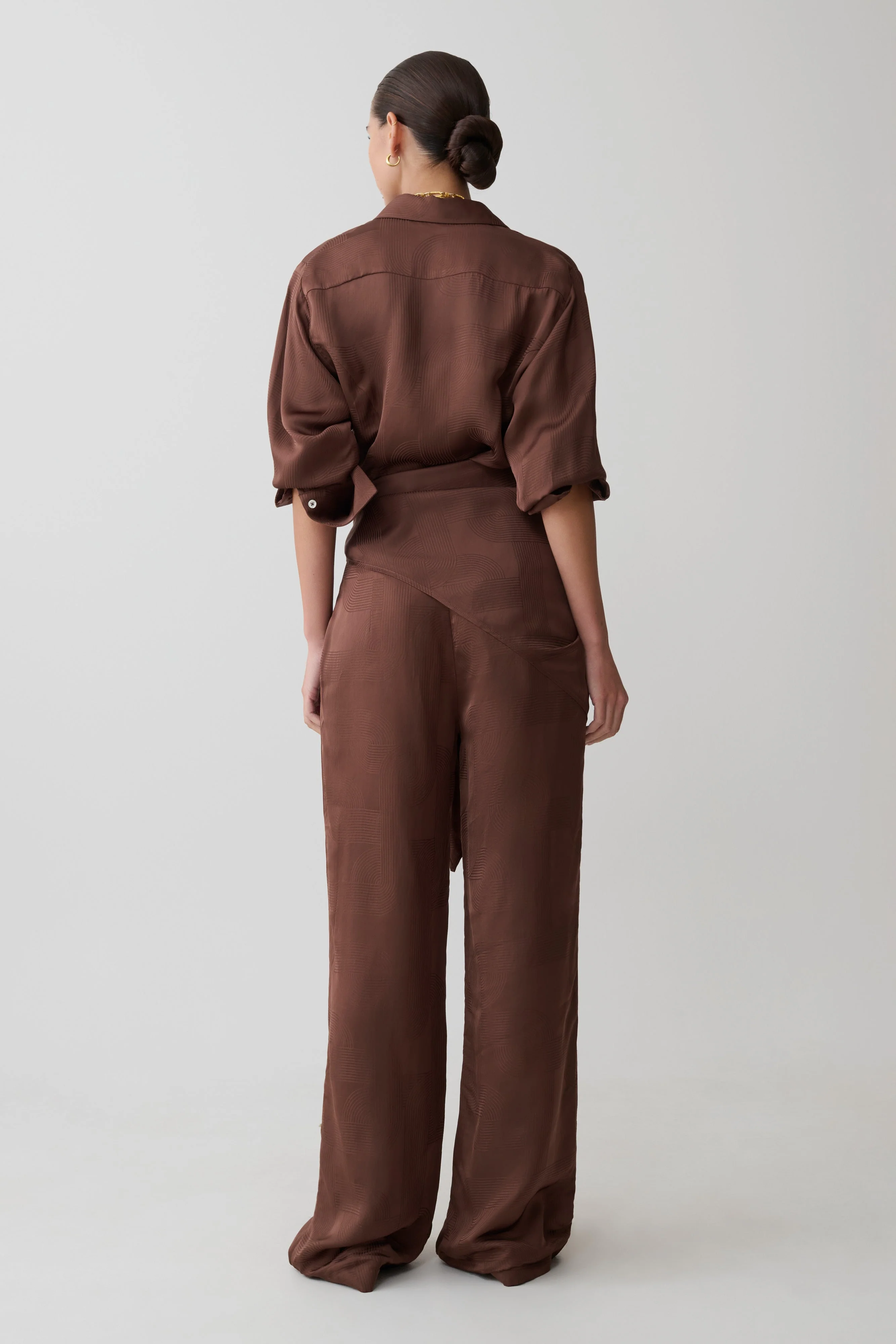 Gia Long Sleeve Satin Shirt - Chocolate - Image 3