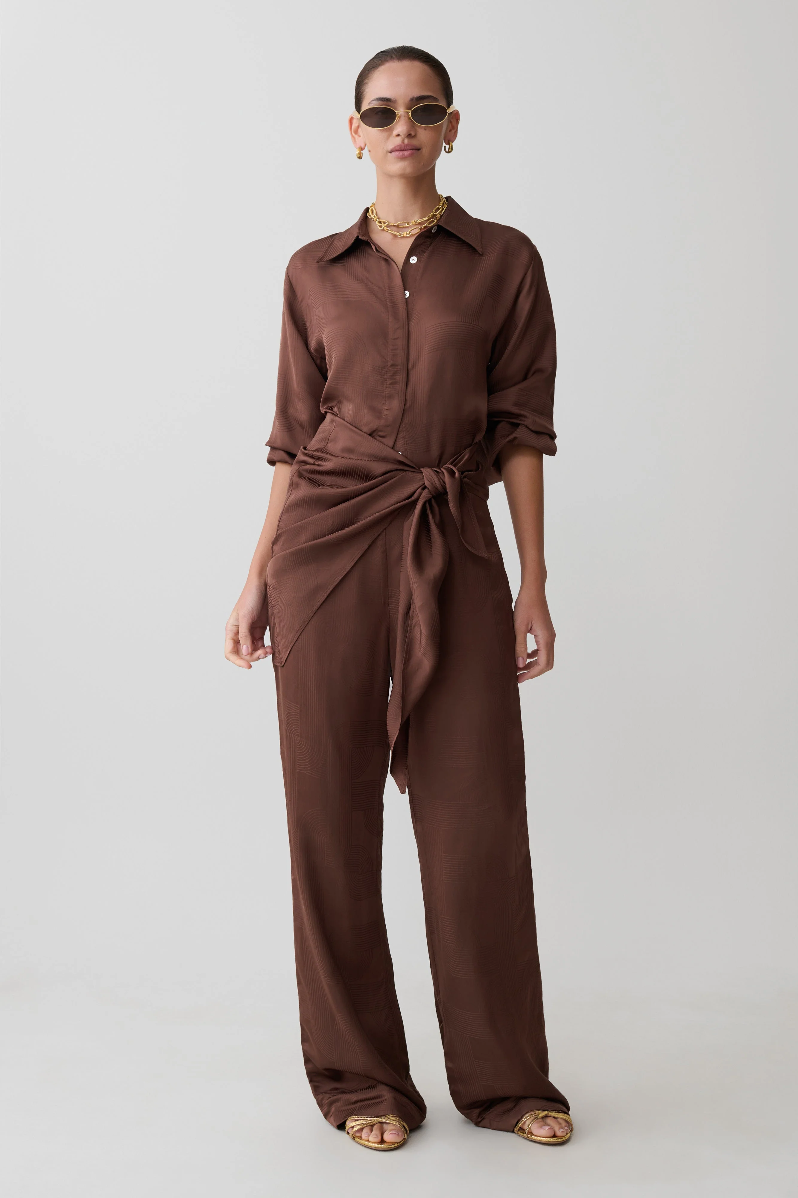 Gia Long Sleeve Satin Shirt - Chocolate - Image 4