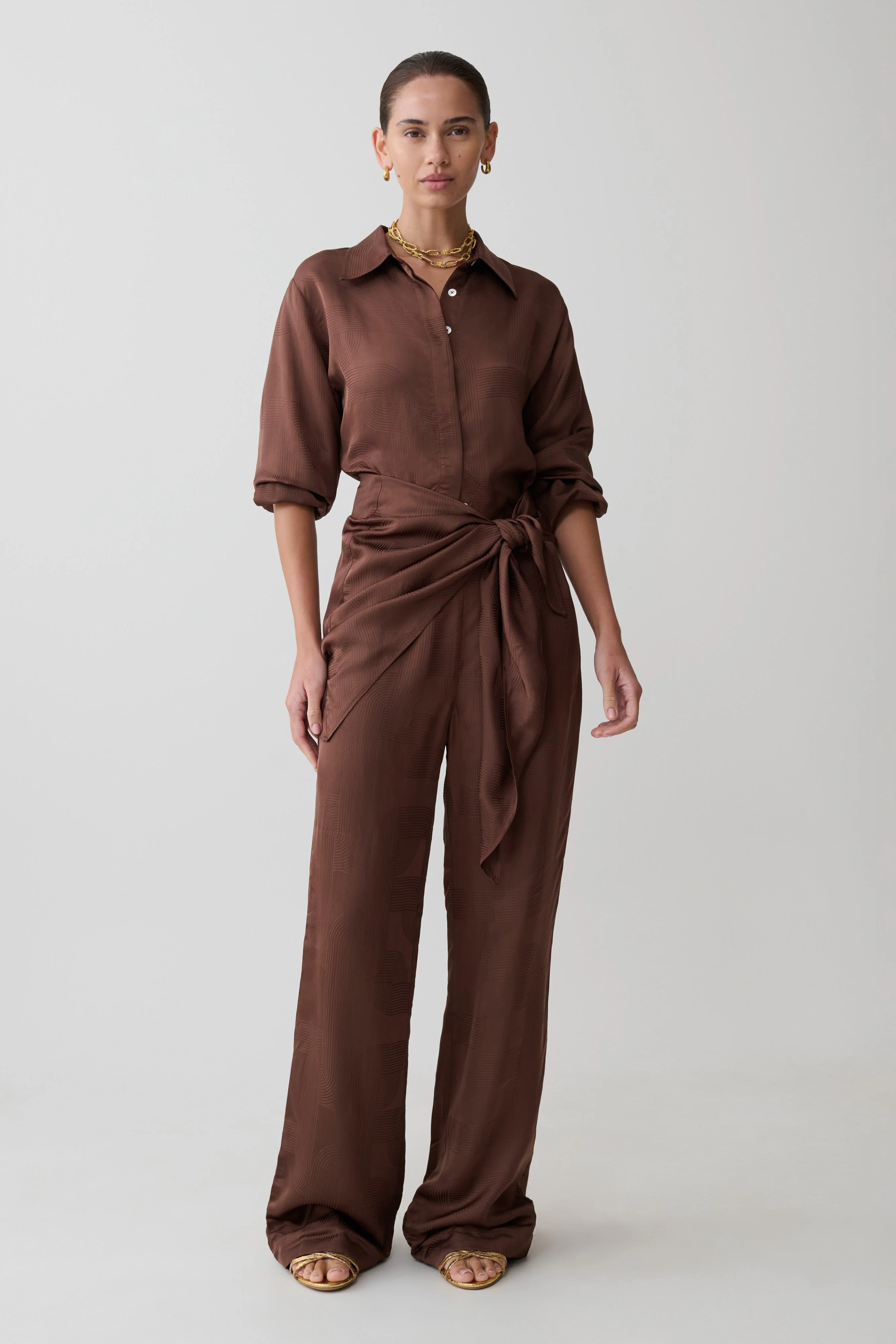 Gia Long Sleeve Satin Shirt - Chocolate - Image 5