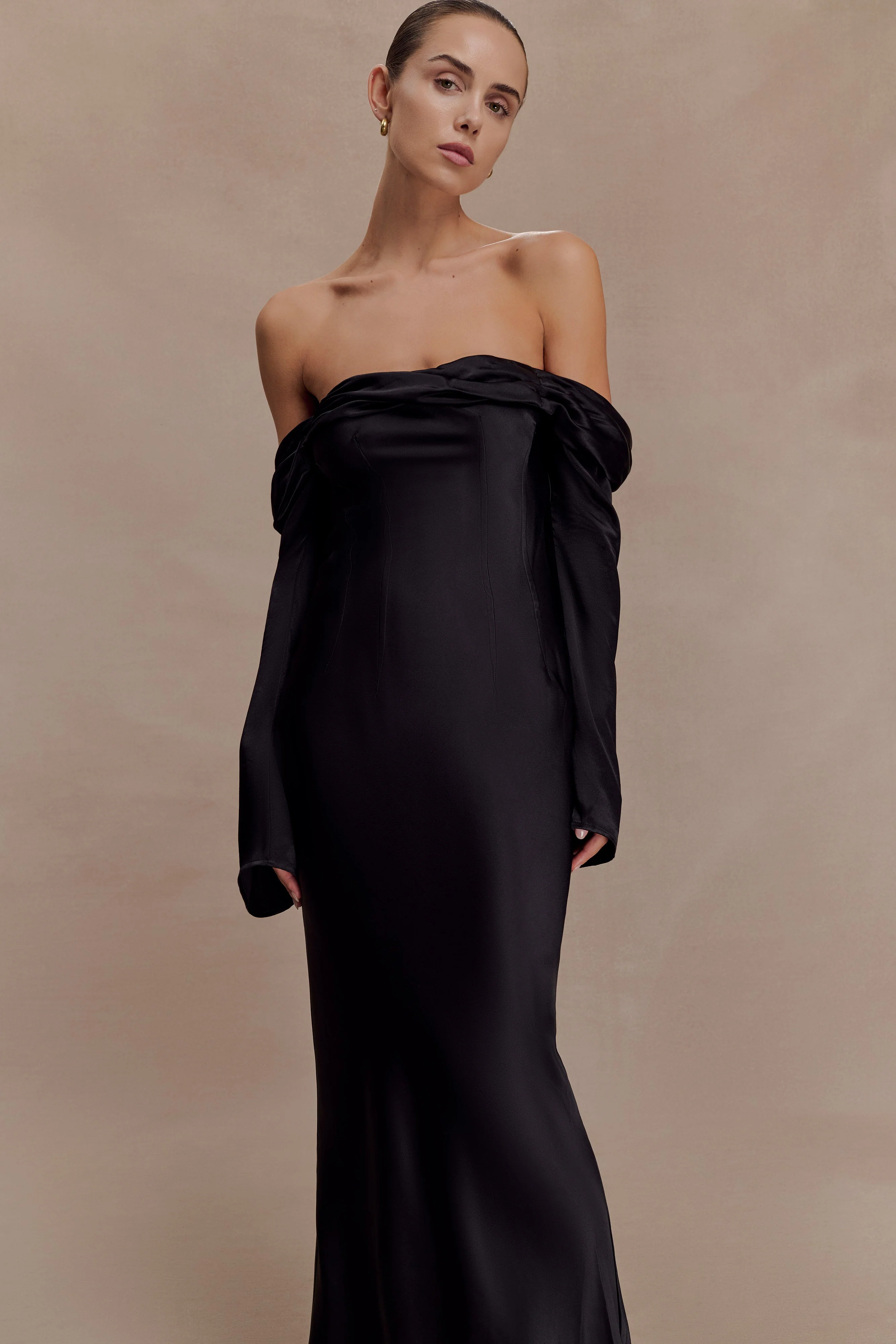 Giselle Off Shoulder Cowl Neck Maxi Dress - Black - Image 6