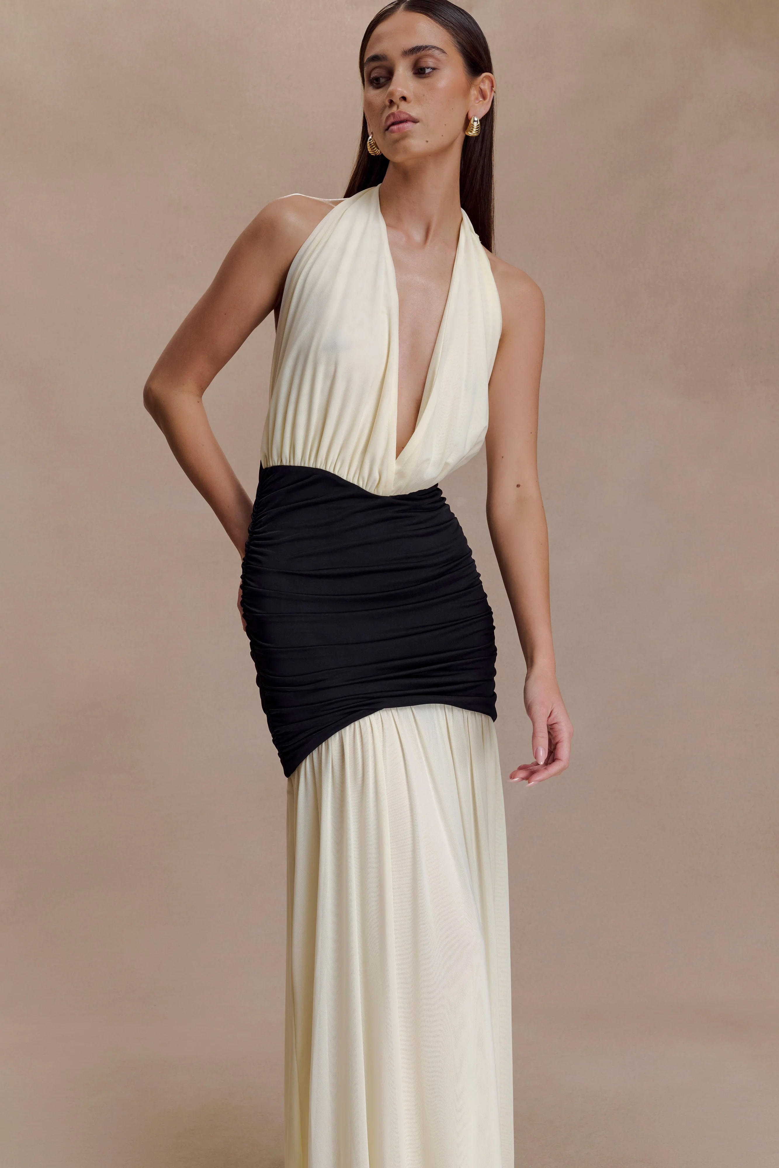 Hailee Slinky And Mesh Halter Maxi Dress - Black/White - Image 5