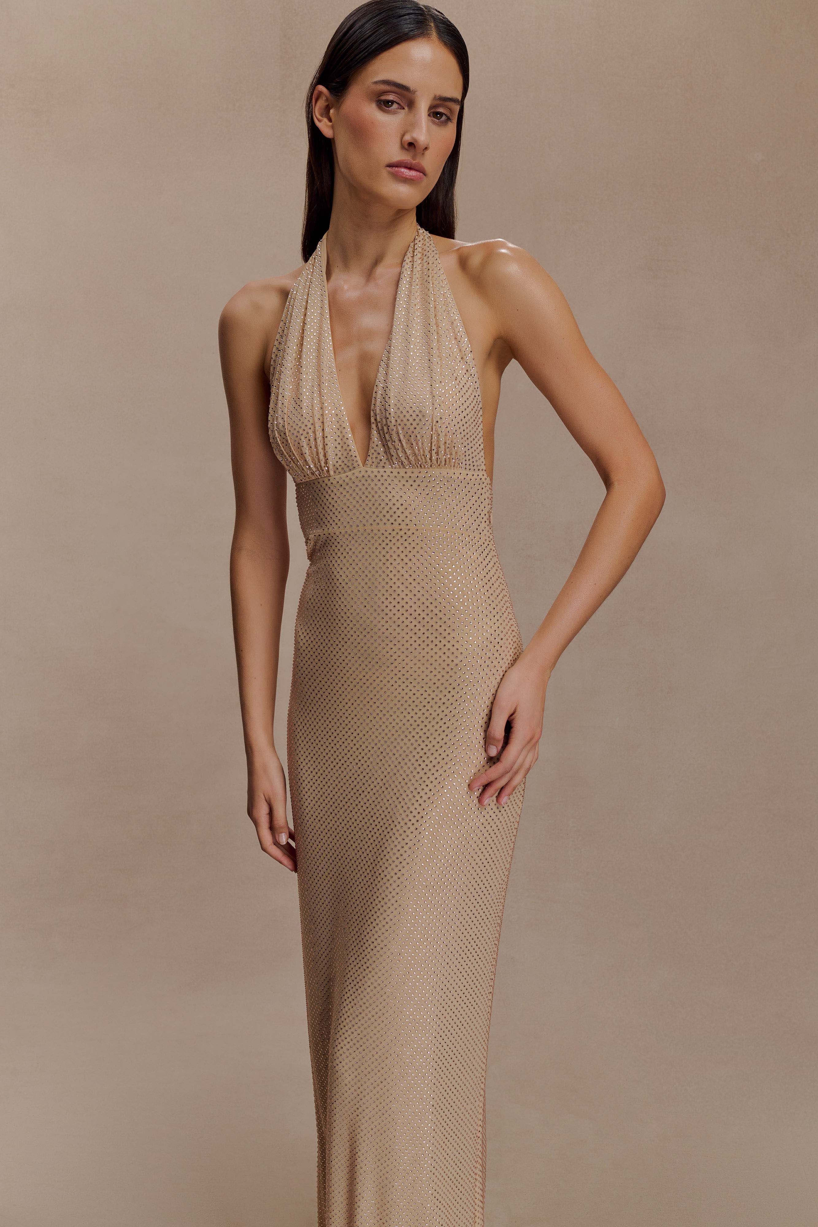 Harriet Halter Neck Diamante Maxi Dress - Sandy Gold - Image 9