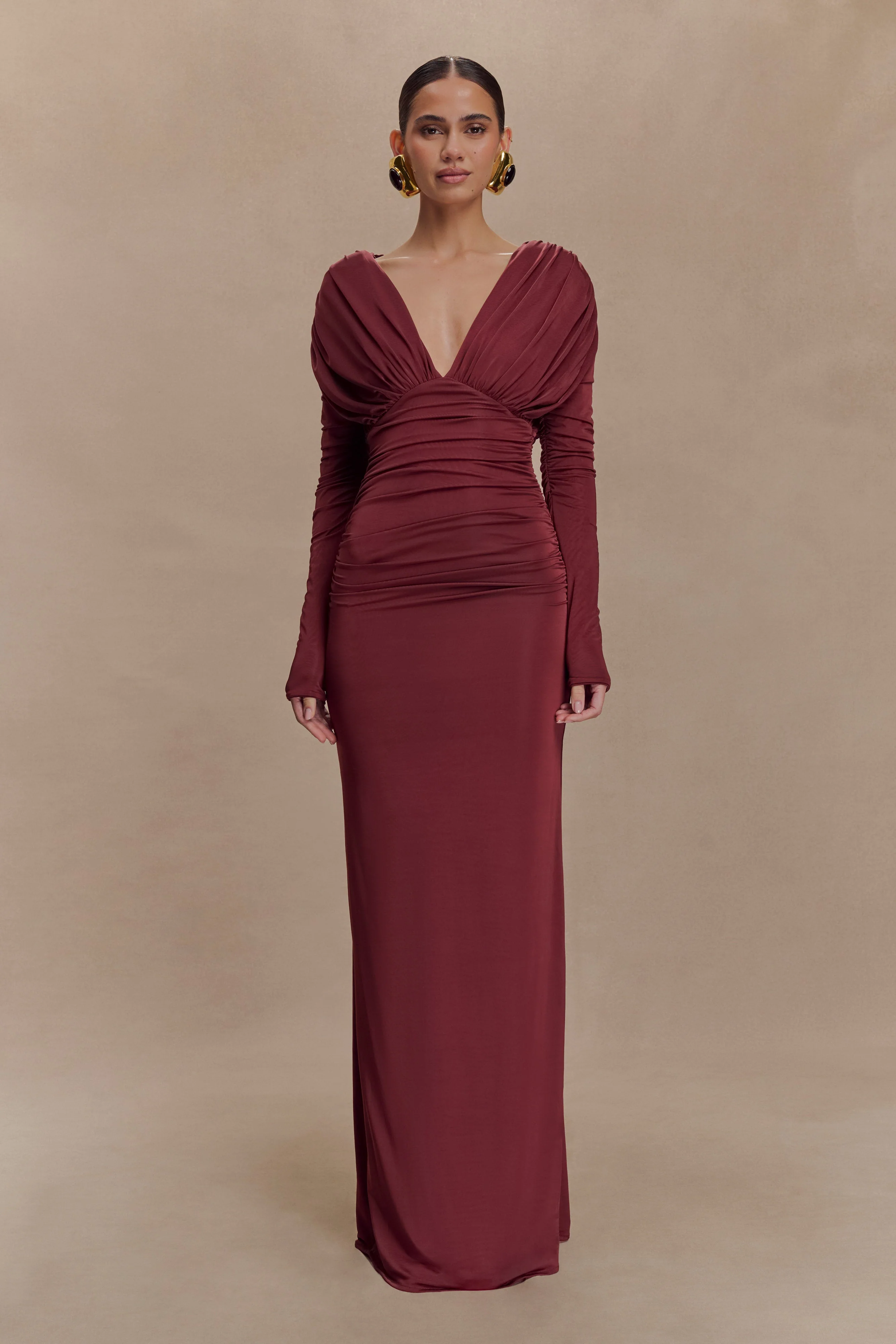 Hayden Long Sleeve Plunge Maxi Dress - Wine - Image 2