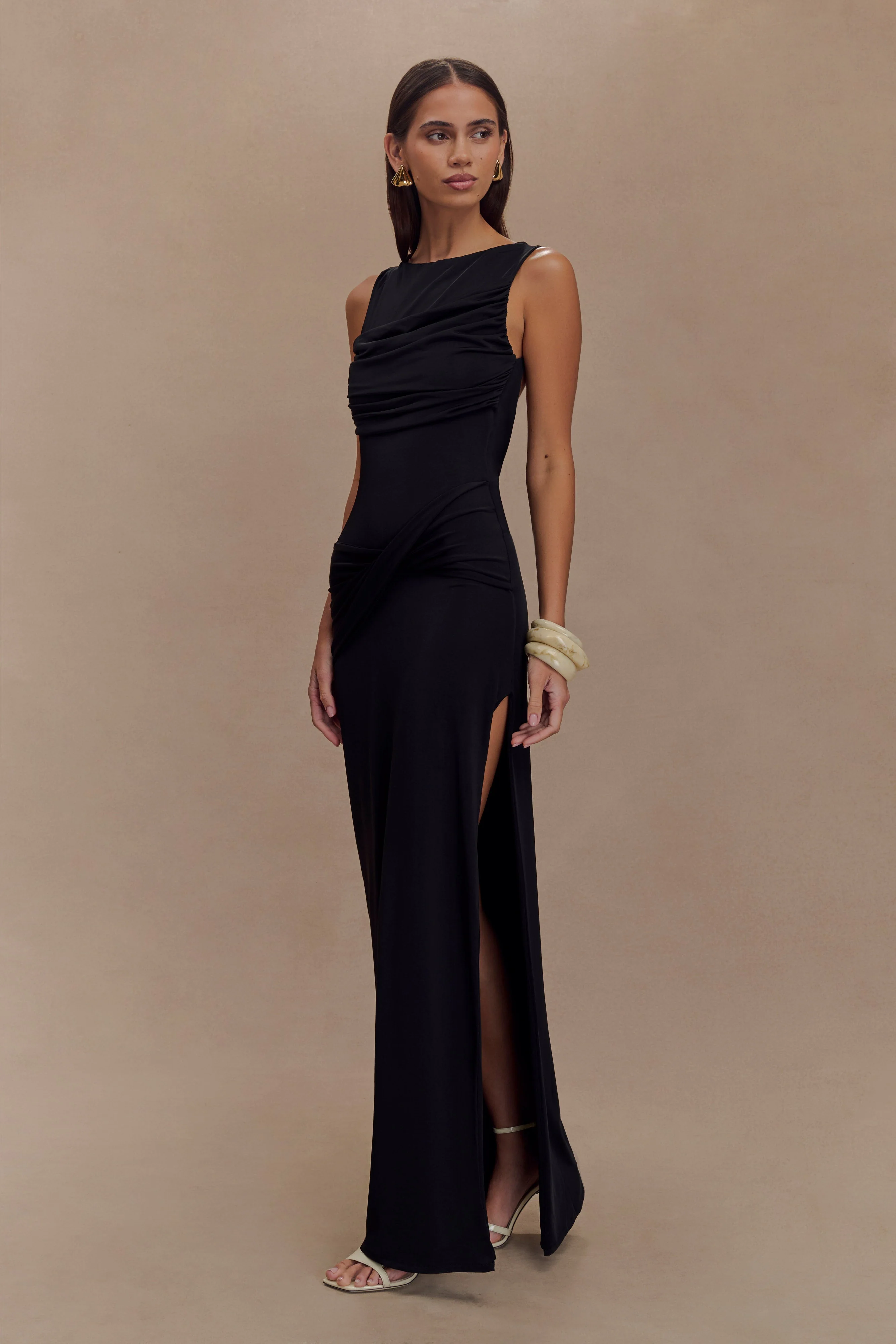 Henley Slinky Drape Maxi Dress - Black - Image 4