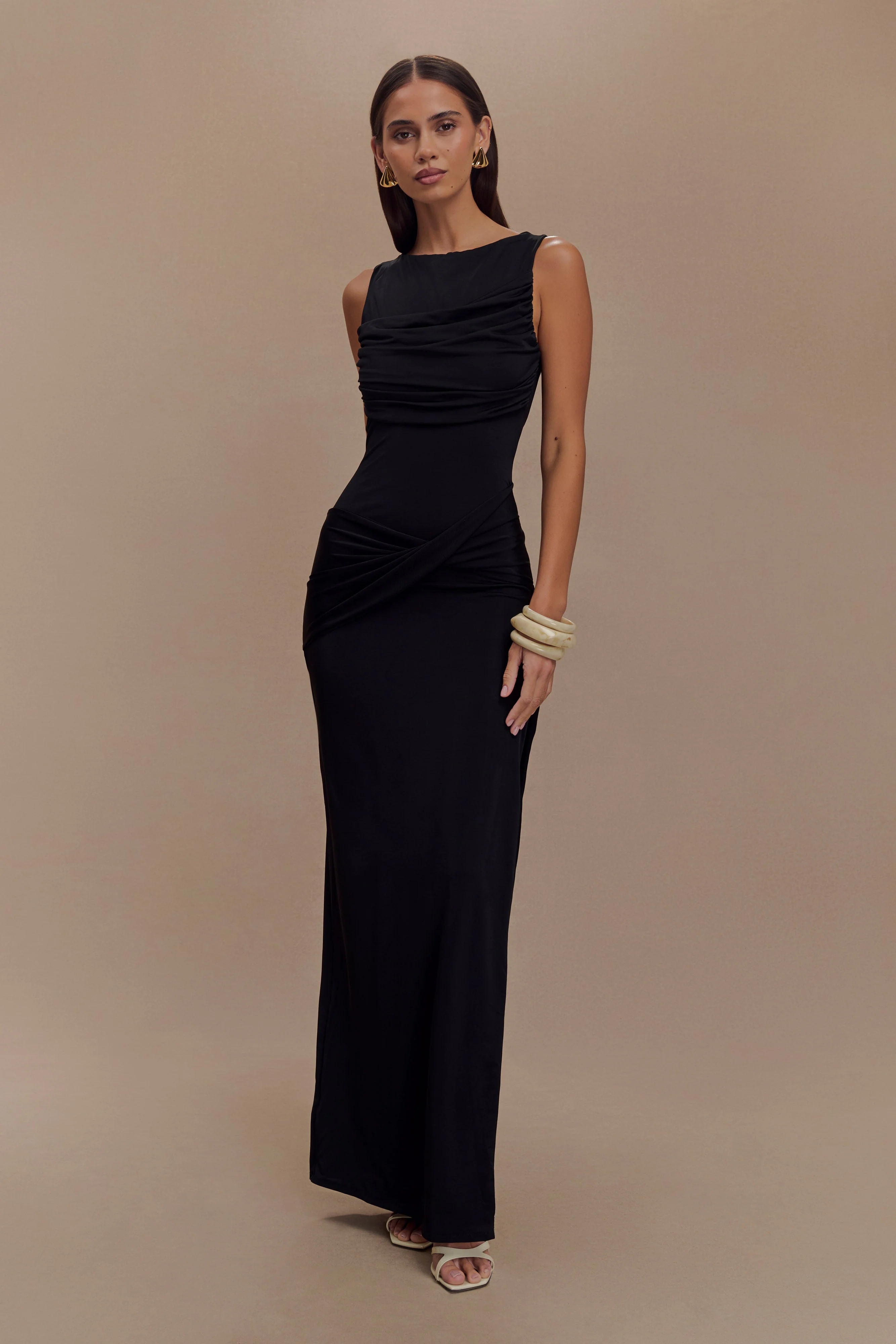 Henley Slinky Drape Maxi Dress - Black - Image 5