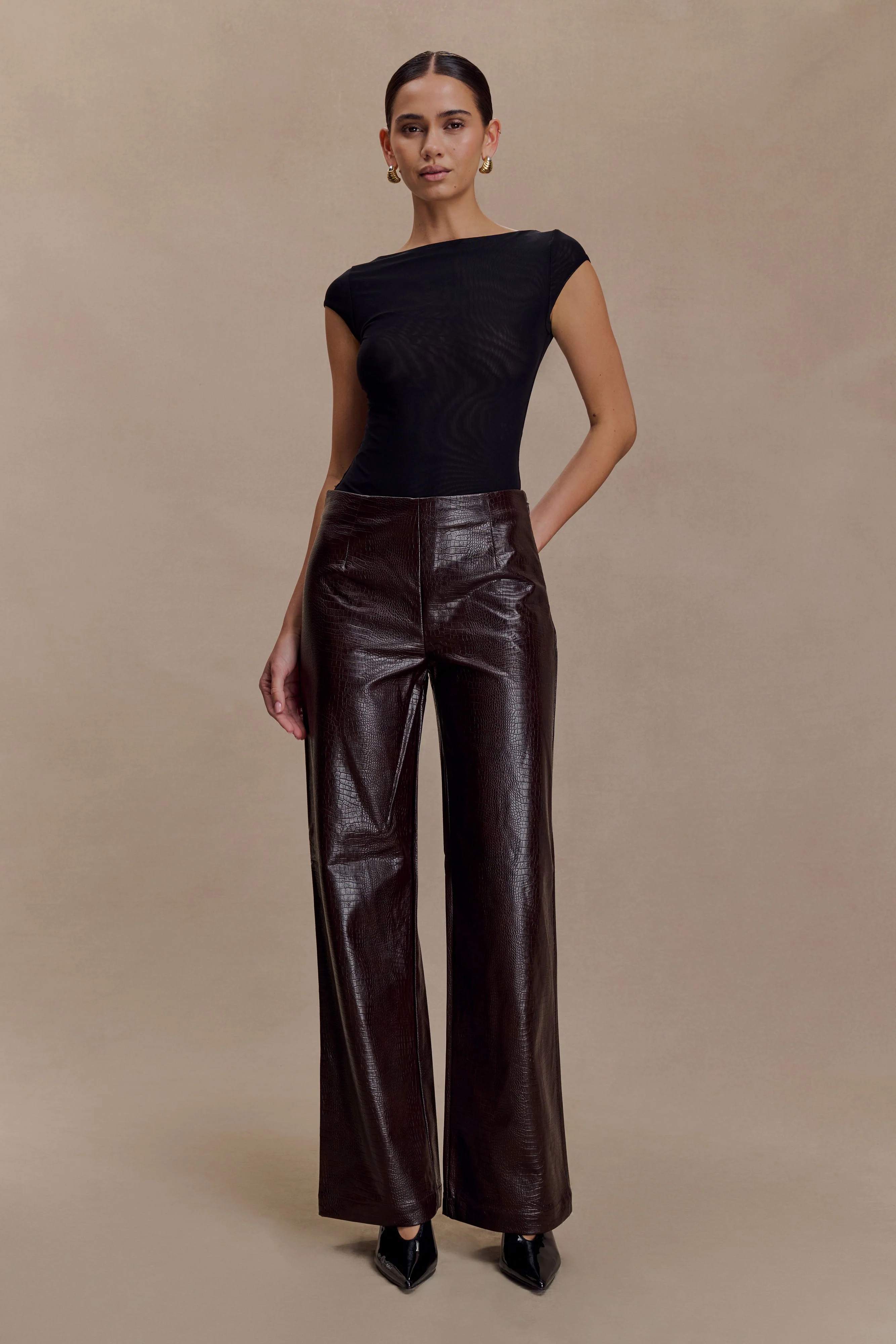 Henry Croc Faux Leather Straight Leg Pants - Dark Chocolate - Image 8